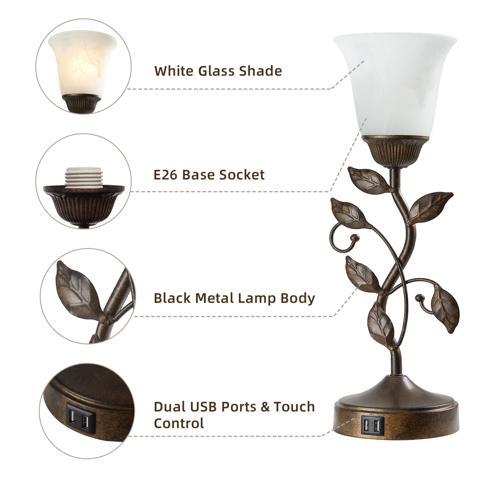 Touch Control Table Lamp with 2 USB Charging Ports, 3-Way Dimmable Bedside Nightstand Lamps, Amber Glass Shade Vintage Rural Leaf Lamp for Living Room, Bedroom, Dresser, LED Bulb Included (Bronze)