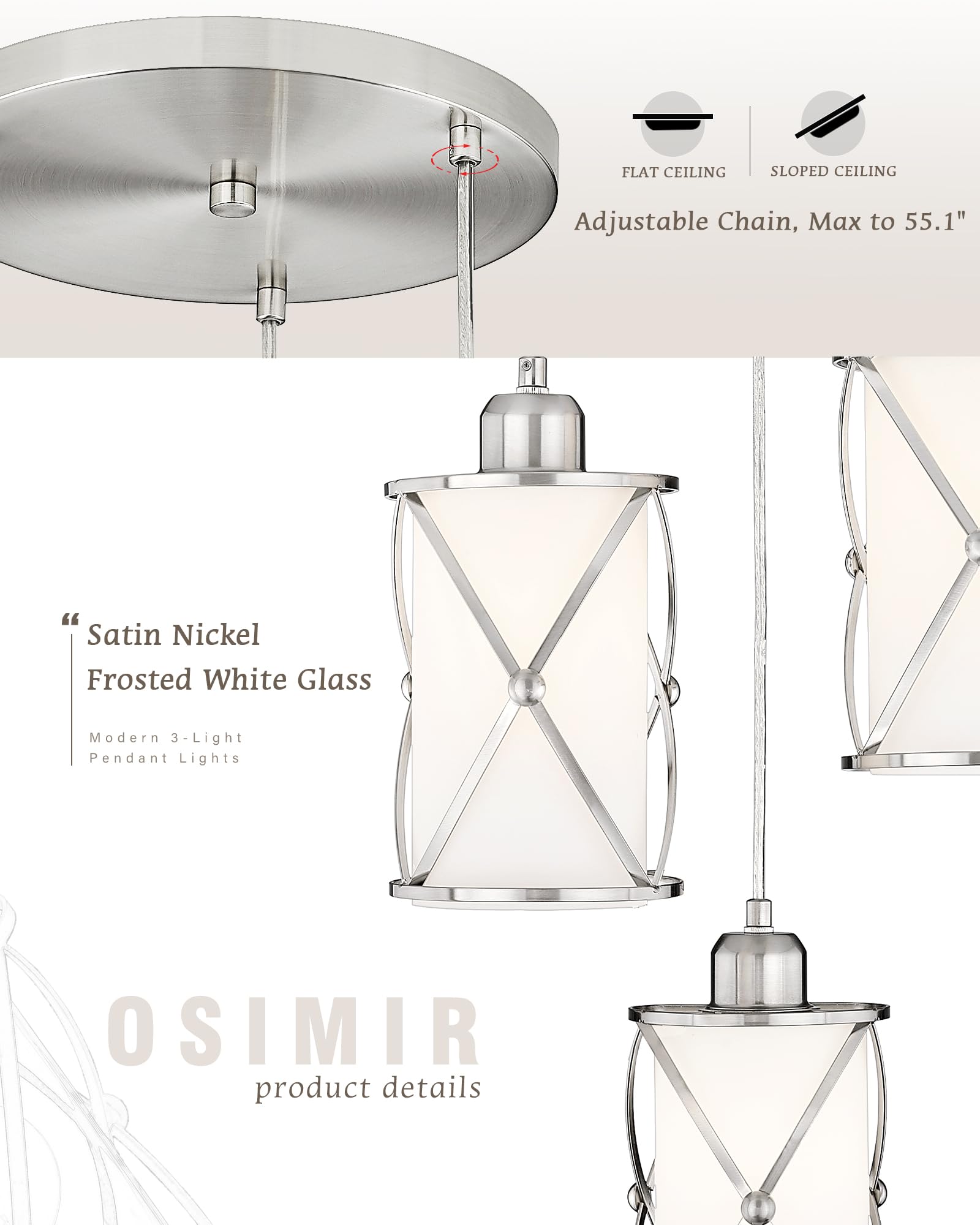 Brushed Gold Pendant Light Fixtures, 3-Light Modern Dining Room Cluster Pendant Light with Milky Glass, Mid Century Cage Hanging Pendant Lighting for Kitchen, Adjustable, CH9176BGW3