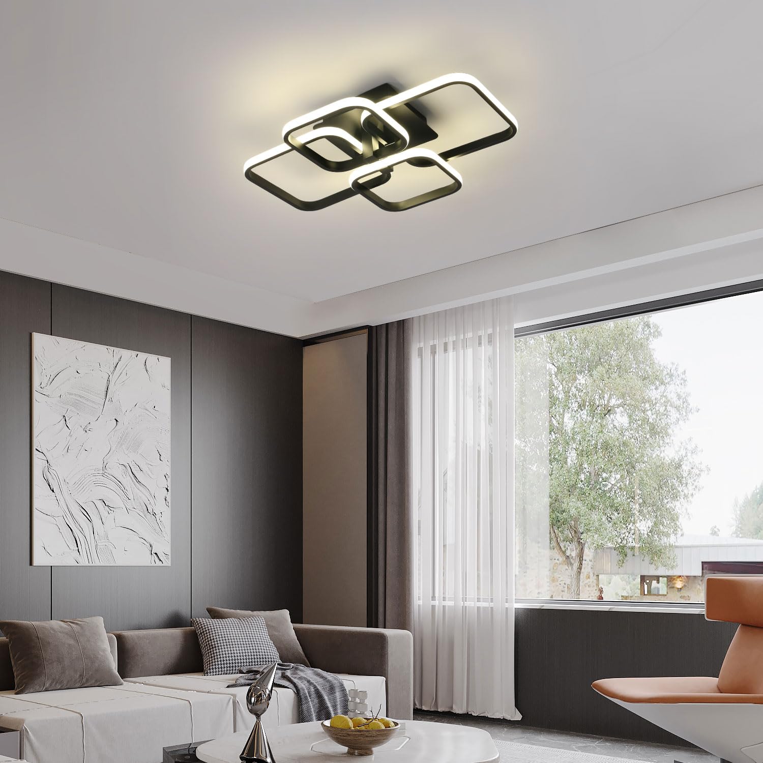 Modern LED Ceiling Light - 60W 4500K Black Semi Flush Mount Ceiling Light Fixtures, 4-Square Design Ceiling Lamp for Living Room, Kitchen, Bedroom, Dining Room