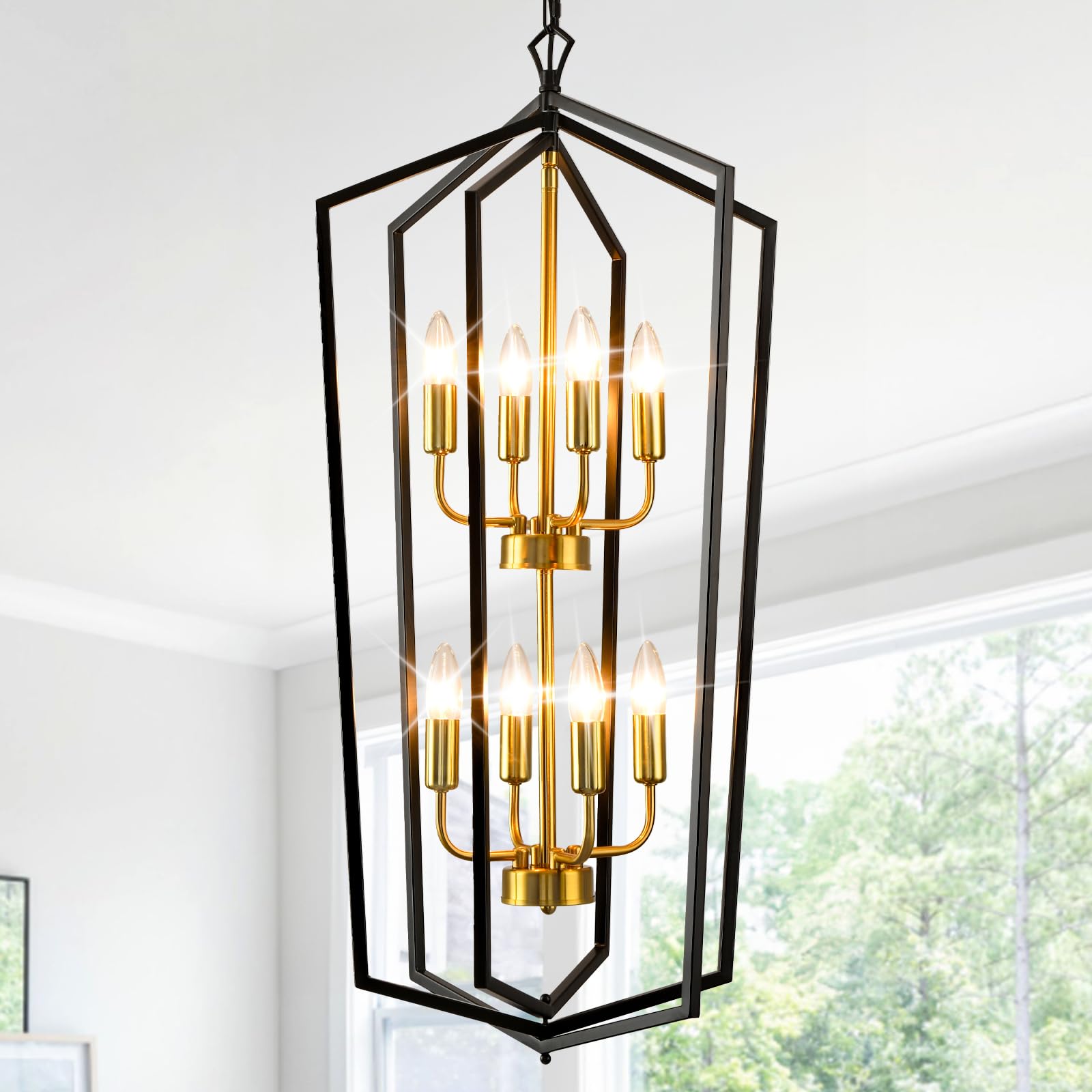 4-Light Lantern Pendant Light, 18.1" Gold Kitchen Pendant Light, Modern Geometric Chandelier, Adjustable Chain Cage Hanging Pendant Light Fixture for Bedroom, Kitchen Island, Foyer, Entrance