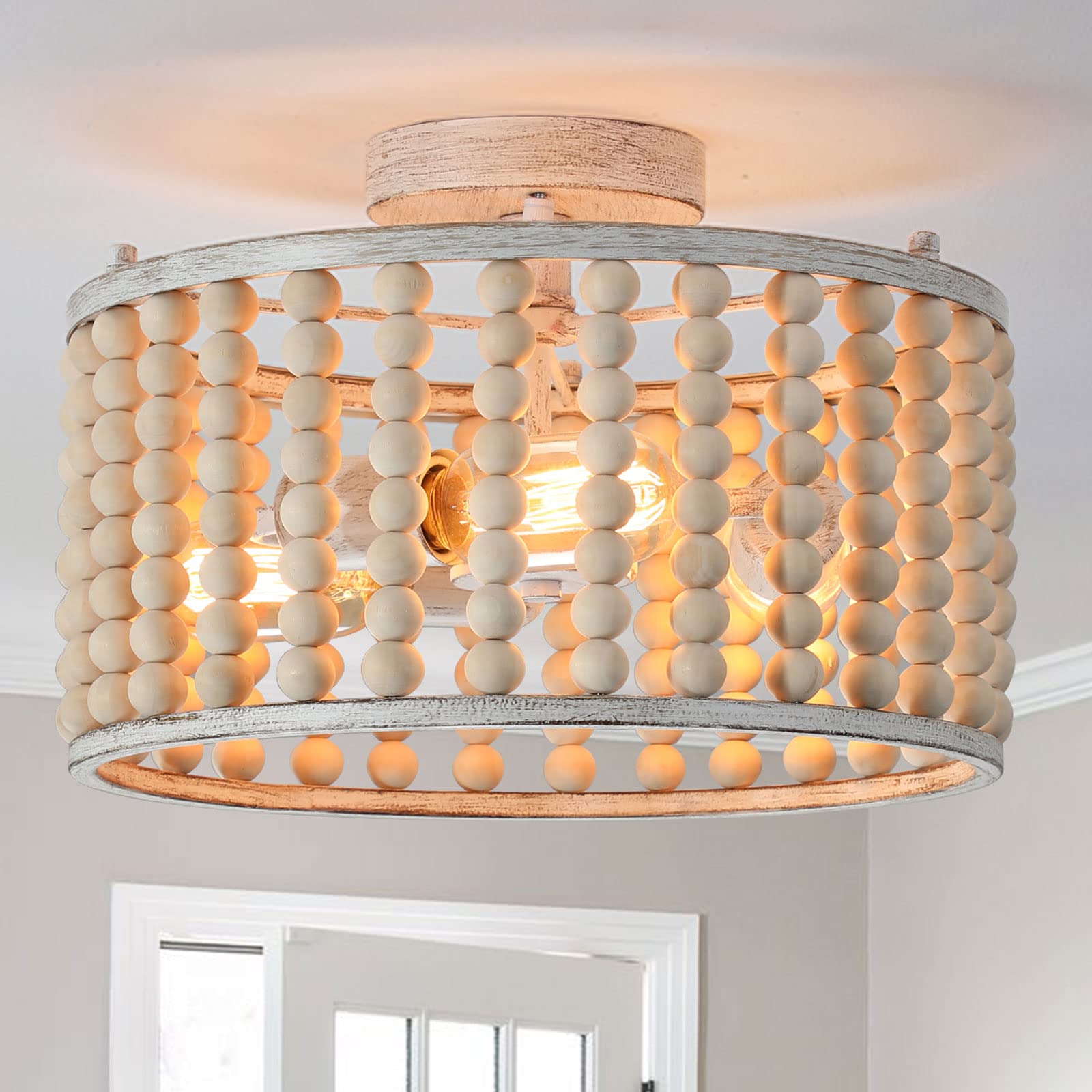 Wood Beaded Boho Chandelier Light Fixture, Semi Flush Mount Ceiling Light 3-Light Rustic Nursery Close to Ceiling Light for Bedroom Kitchen, Living Room, Oak White, E26 Base