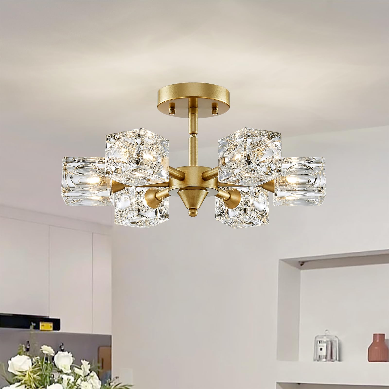 8-Light Semi Flush Mount Ceiling Light Fixture Modern Antique Gold Sputnik Chandeliers Fashion Lighting for Bedroom Dining Room Farmhouse Kitchen Office