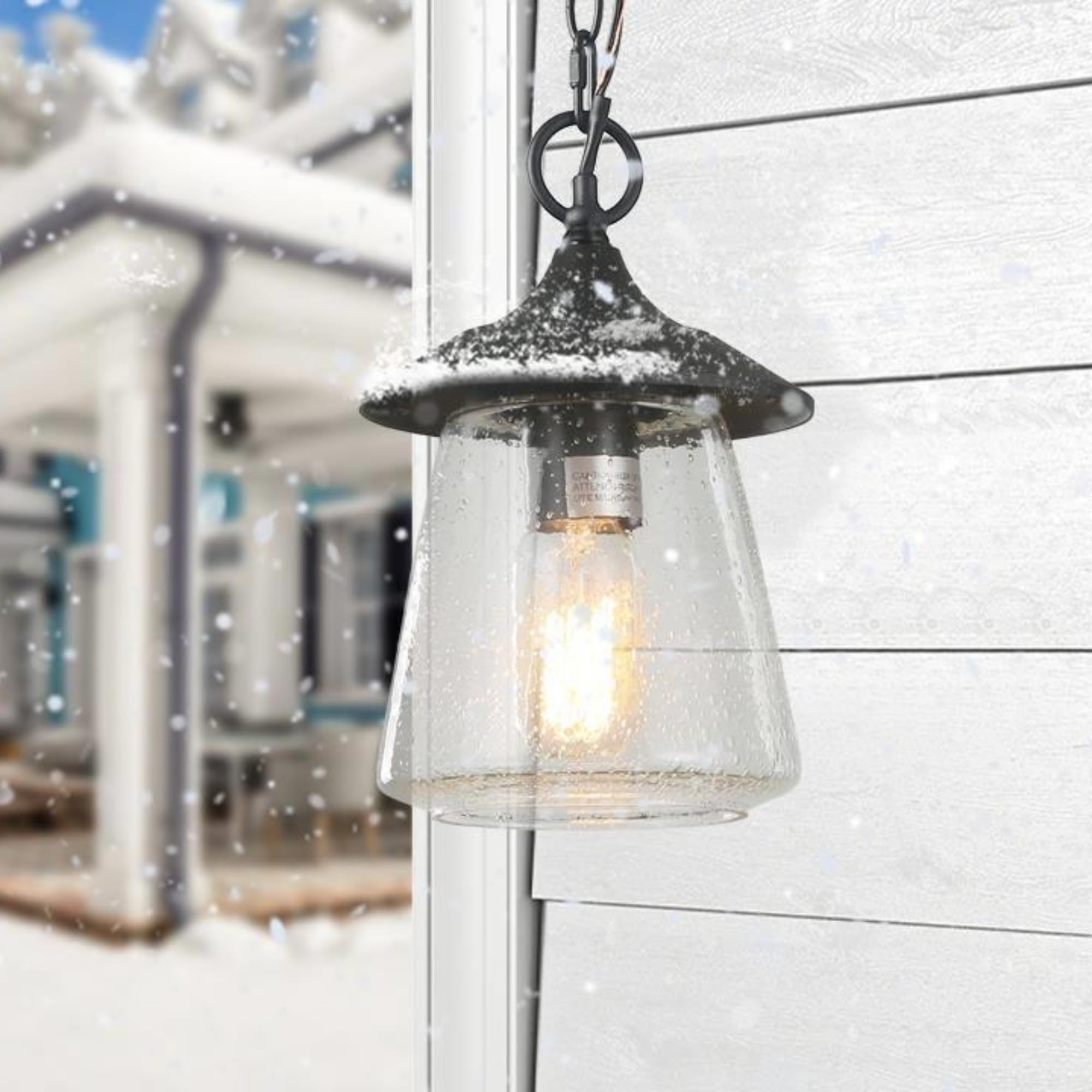 Outdoor Pendant Light, 1-Light Modern Farmhouse Outdoor Pendant Lights for Porch with Adjustable Chain, 6'' Waterproof Exterior Pendant Hanging Lighting Fixture with Mushroom Seeded Glass