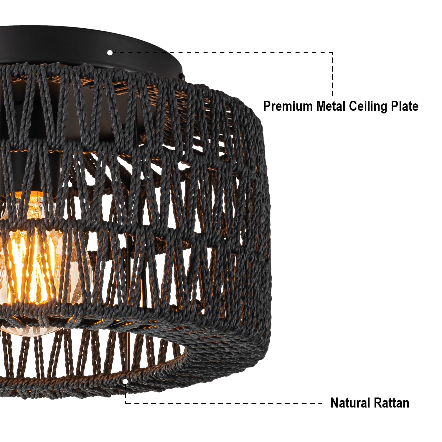 Rattan Ceiling Light Fixtures (12-Inch, LED Bulb Included), Hand-Woven Boho Flush Mount Ceiling Light, Rattan Chandelier for Hallway Kitchen Farmhouse Foyer Entryway Living Room(White)