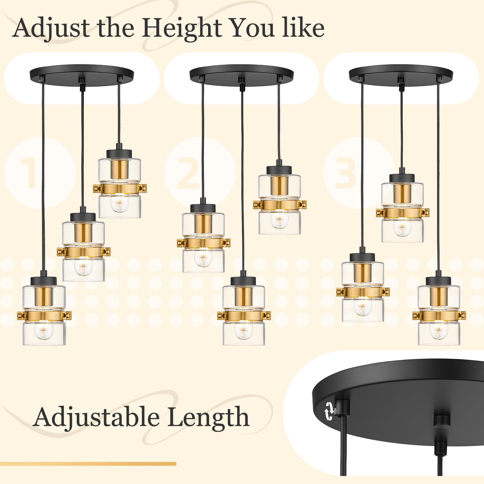 3-Light Cluster Pendant Light, Adjustable Hanging Lighting with Clear Glass, Foyer Chandeliers in Black and Gold Finish, YE282-3 BK+BG