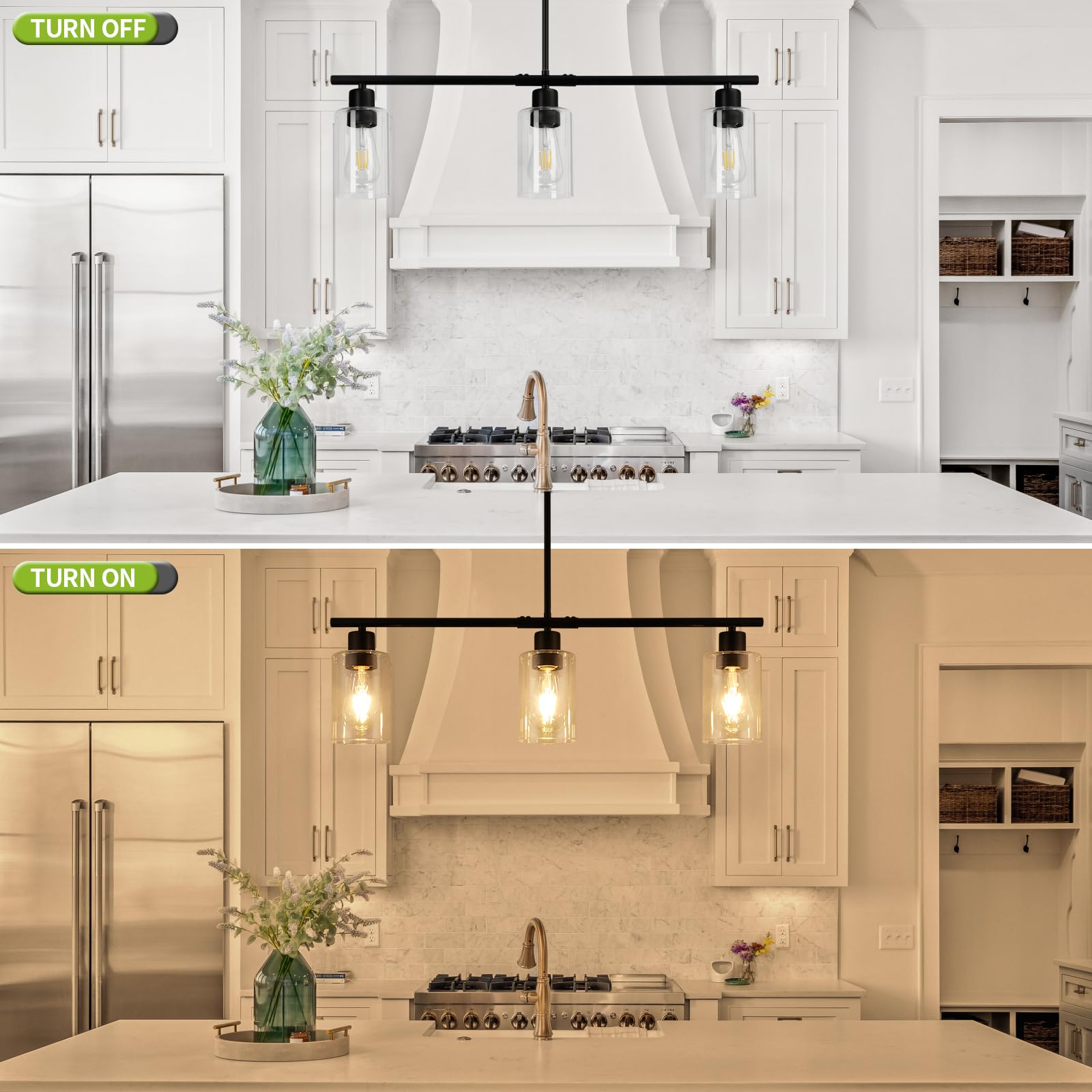 3 Lights Kitchen Island Lighting, Black Pendant Light Fixtures with Glass Shade Dining Room Light Fixture Adjustable Farmhouse Chandelier Modern Pendant Lights Ceiling Hanging Lighting E26 Base