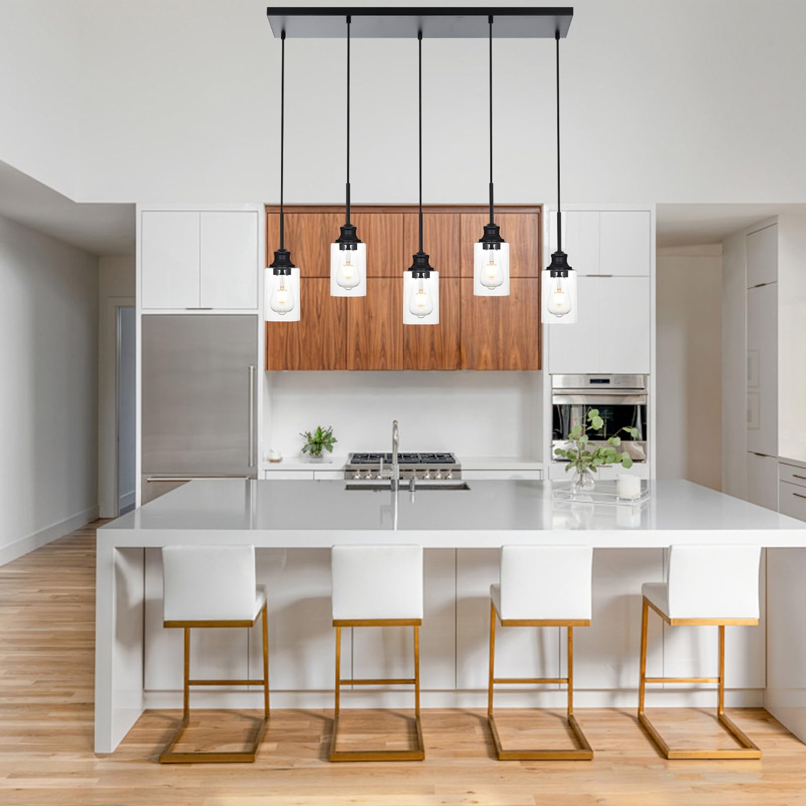 3-Light Kitchen Island Pendant Light Fixtures Hanging Black Farmhouse Pendant Lighting Cluster with Clear Glass Shade, Modern Industrial Linear Chandeliers Light for Dining Room Foyer Hallway