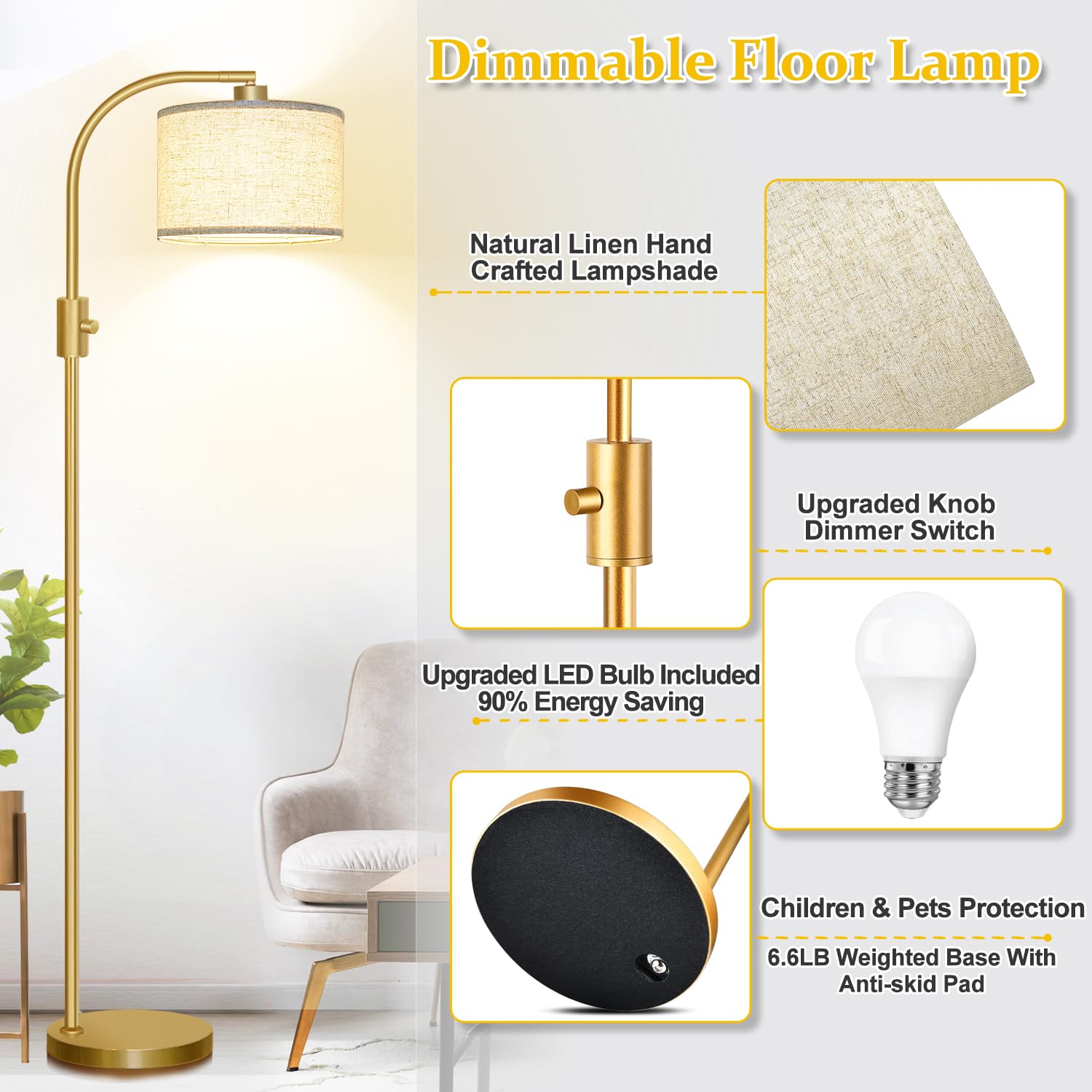 Dimmable Floor Lamp, 1200 Lumens LED Bulb Included, Gold Arc Floor Lamps for Living Room Modern Standing Lamp with Linen Shade, Tall Lamp for Living Room Bedroom Office Reading Room Nursery