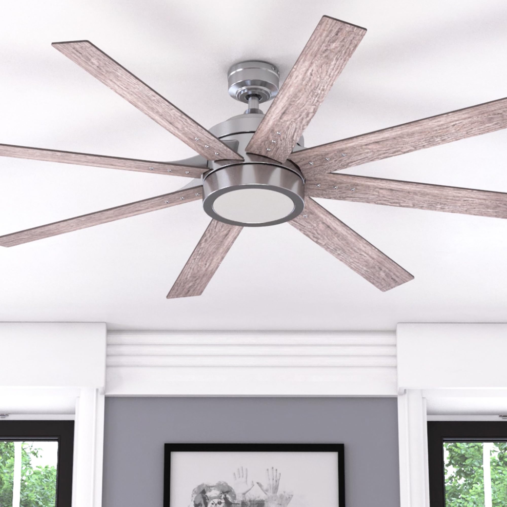 Ceiling Fans Xerxes, 62 Inch Contemporary LED Ceiling Fan with Light and Remote Control, 8 Blades with Dual Finish, Reversible Motor - 51628-01 (Brushed Nickel)