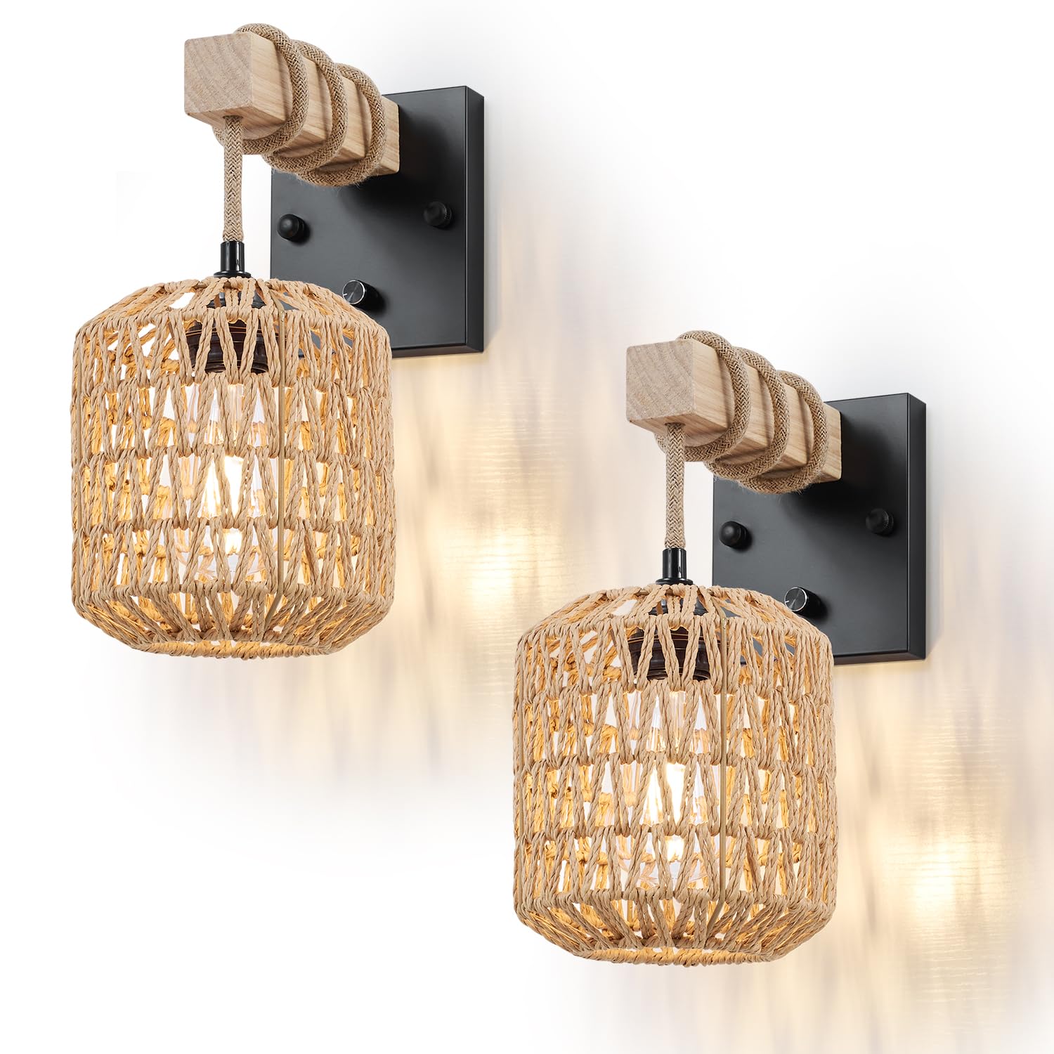 Rattan Boho Wall Sconces Set of Two, Hardwired Hand-Woven Farmhouse Wall Lamps with Wooden Arm & On/Off Dimmable Switch,Large Rustic Indoor Wall Mount Light Fixtures for Bedroom Nursery Bathroom