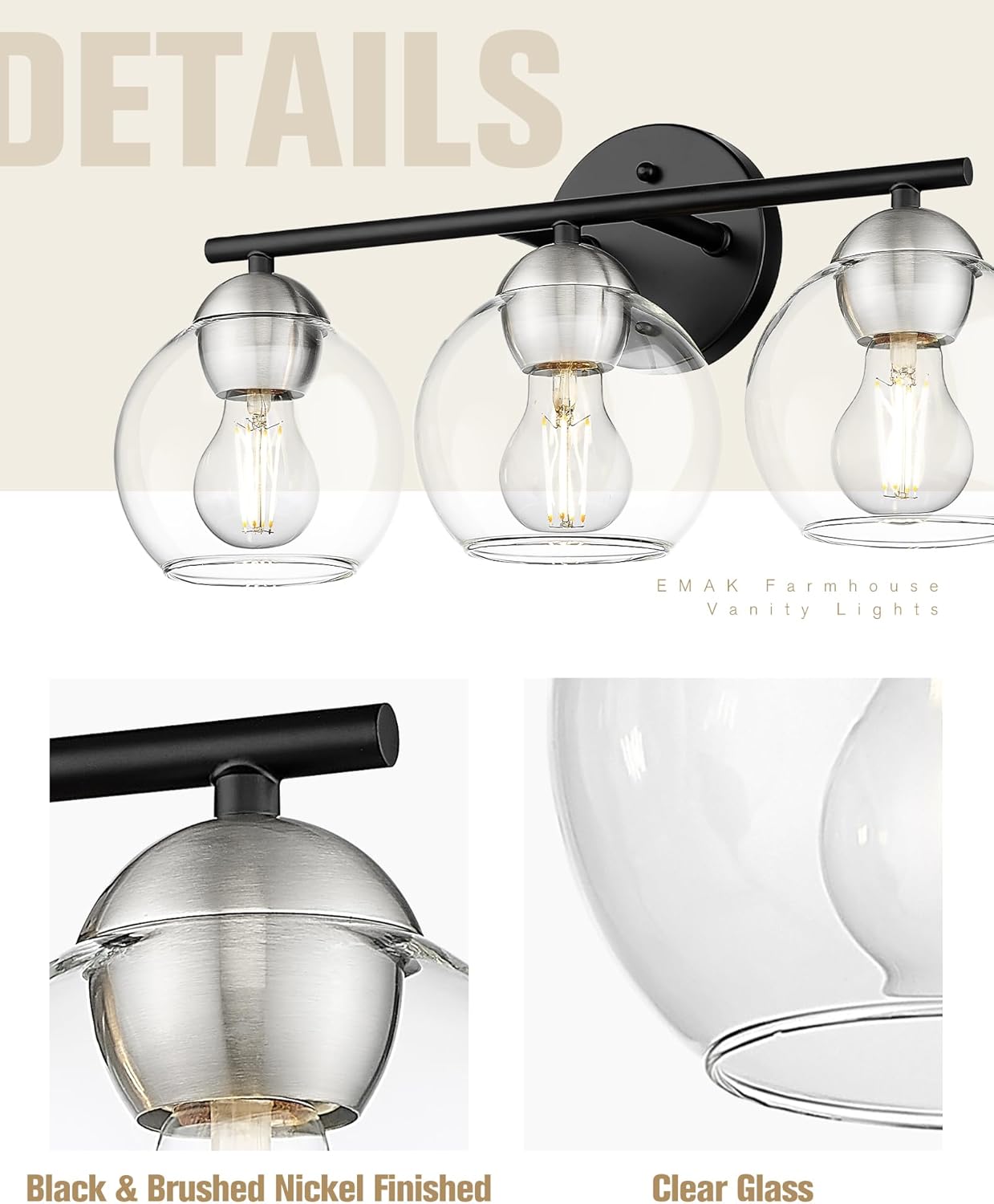 Black Vanity Lights for Mirror, Modern Farmhouse 2-Light Bathroom Light Fixtures Globe Bathroom Vanity Light with Milk Glass Shade, VL114-BK-ML-2