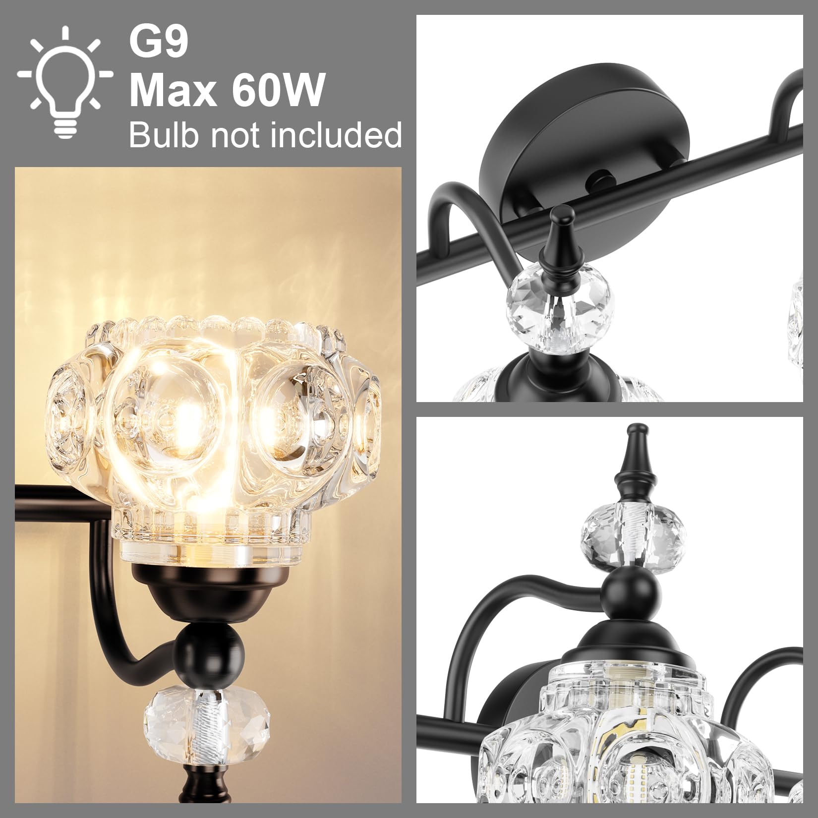 Black Industrial Crystal Bathroom Vanity Light Fixtures Over Mirror Glass Crystal 4 Lights Vintage Vanity Lights Farmhouse Bath Lighting(Exclude Bulb)