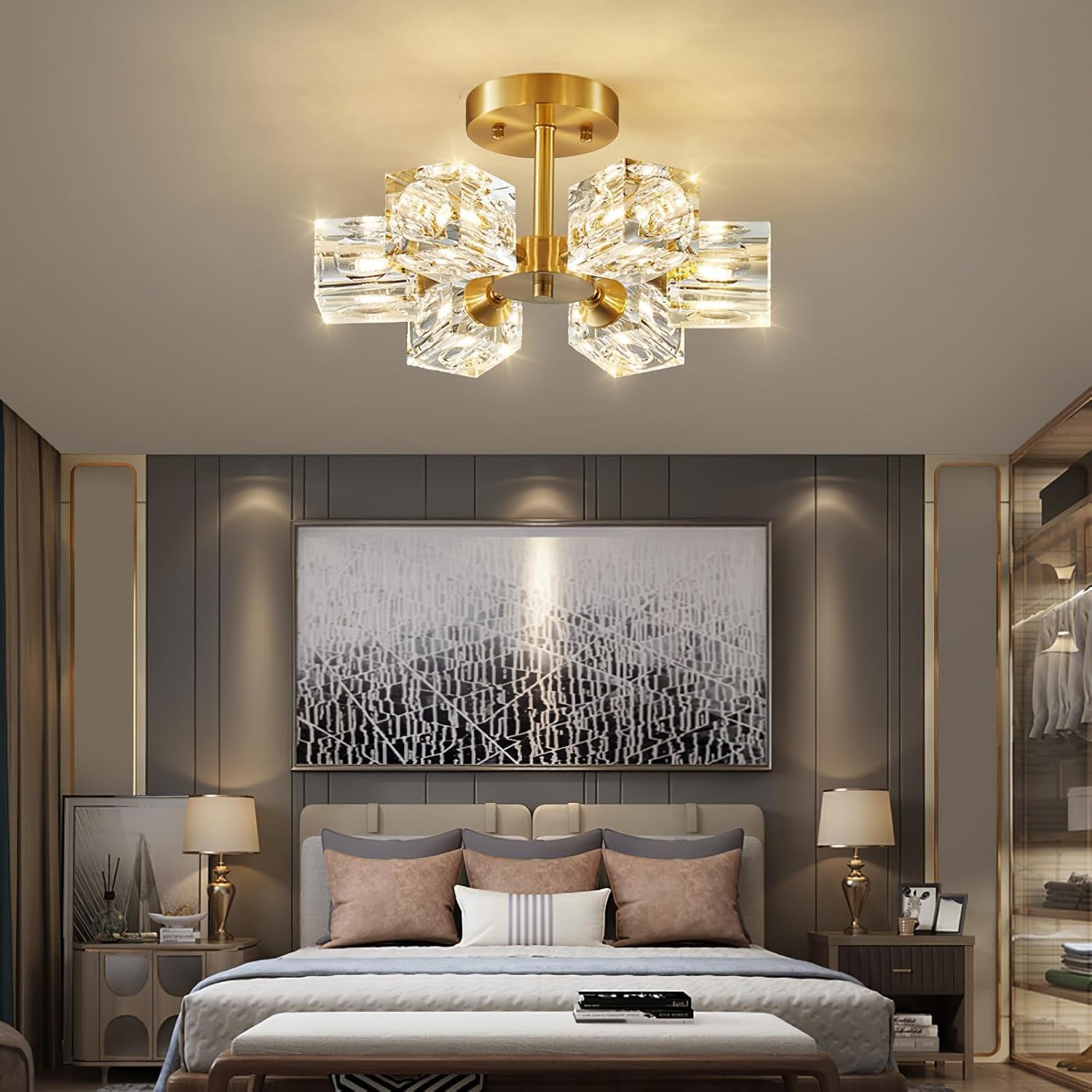 Semi Flush Mount Ceiling Light 3 Lights Crystal Chandeliers Gold Ceiling Light Modern Ceiling Light for Bedroom Kitchen Hallway Bathroom Entryway Dining Room Living Room