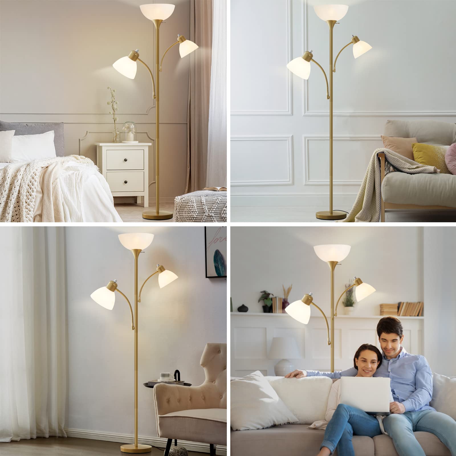 Floor Lamps for Living Room, 72" Tall Standing Lamps, Torchiere Lamp with 8W Adjustable Reading Lights, Modern Bright Floor Lamp for Bedroom, Office, Dresser, Gold&White, Bulbs Included