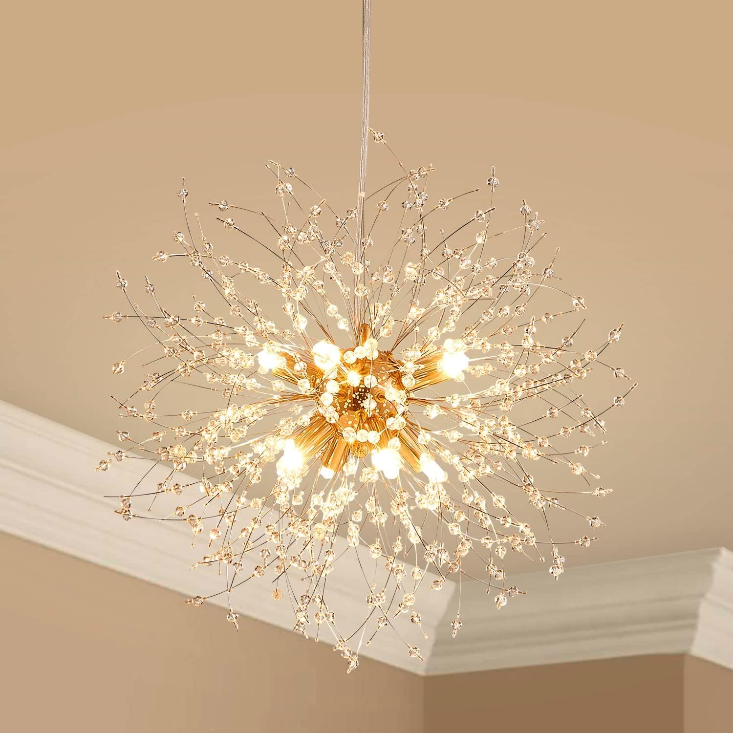 Dandelion Crystal Chandeliers, Modern Design, Firework Pendant Light Fixture for Living Space, H17'' x D17'', Adjustable Chains 59'', G9*9 Sockets, Brilliant Gold Finish Frame