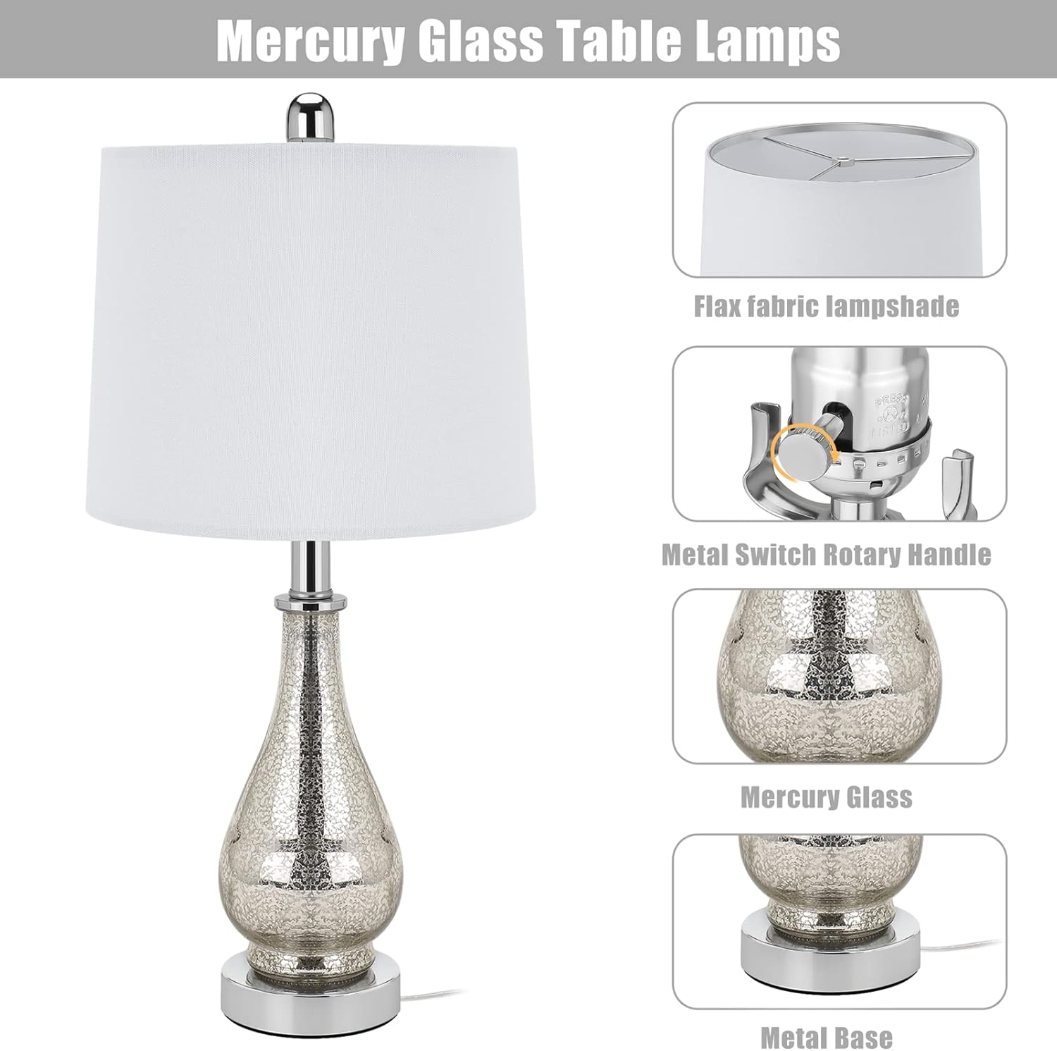 Glass Table Lamps Set of 2, Modern 23.5” High Silver Mercury Glass Bedside Lamps, for Bedroom Living Room Home Office Desk Nightstand Table Lamp