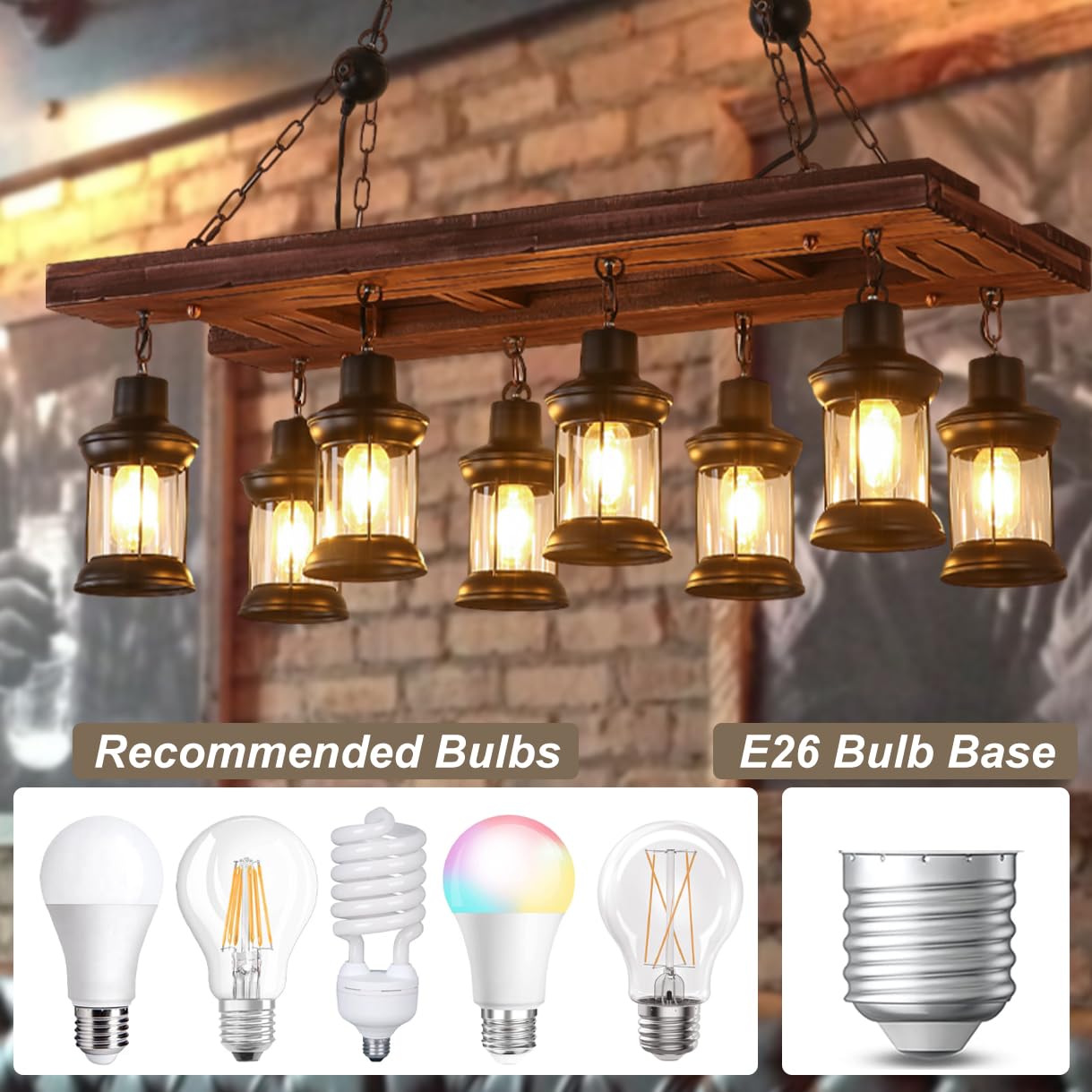 Rustic Chandelier Farmhouse Rustic Light Fixtures for Dining Room Kitchen Island, Industrial Wooden Hanging Lights Ceiling Light Fixture for Game Room Bar Coffee Pool Table (8-Light)