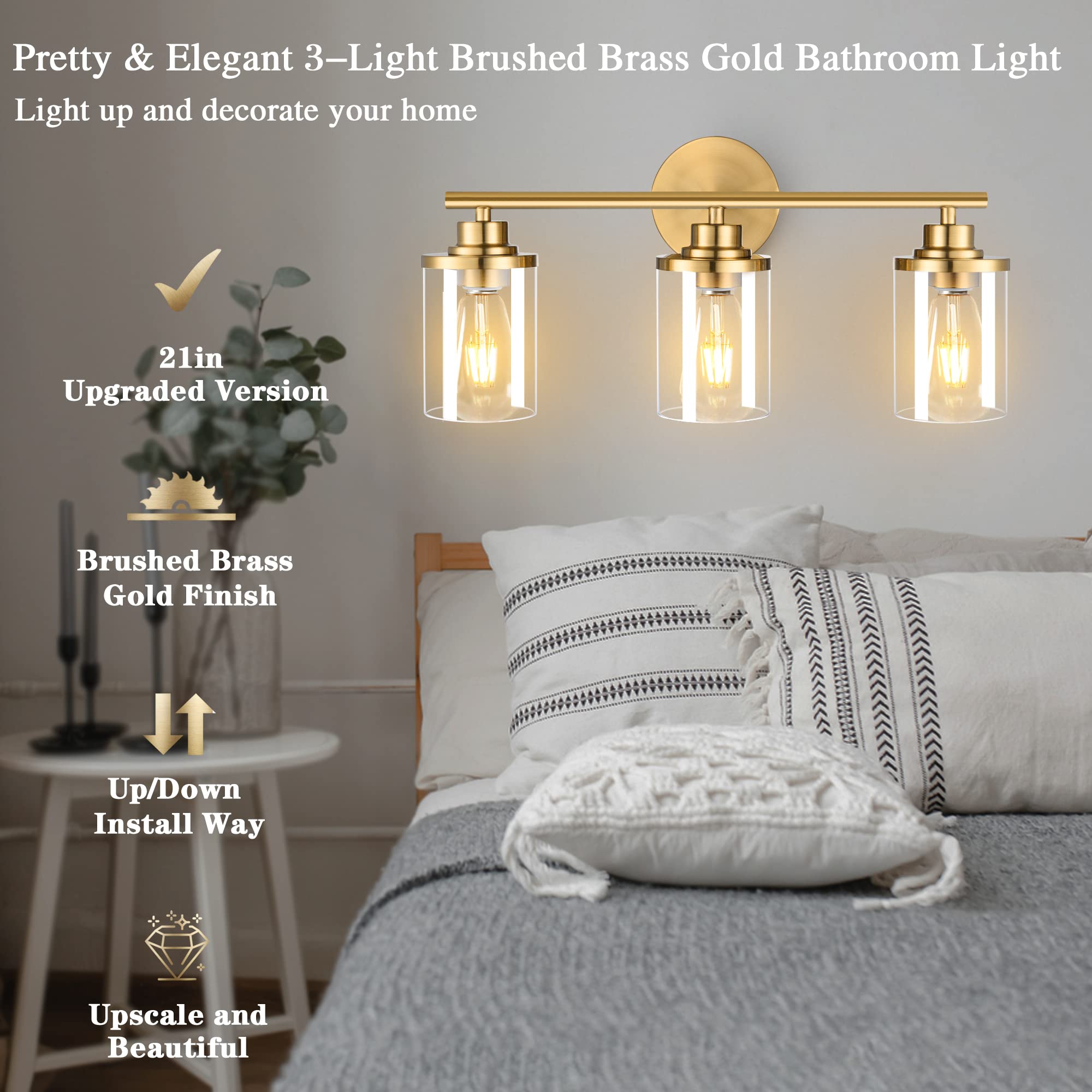 Bathroom Light Fixtures,Vanity Lights,Gold Bathroom Lights Over Mirror,Brushed Gold Vanity Light for Bathroom,20'' Brass Gold 3-Light Modern Bathroom Sconce