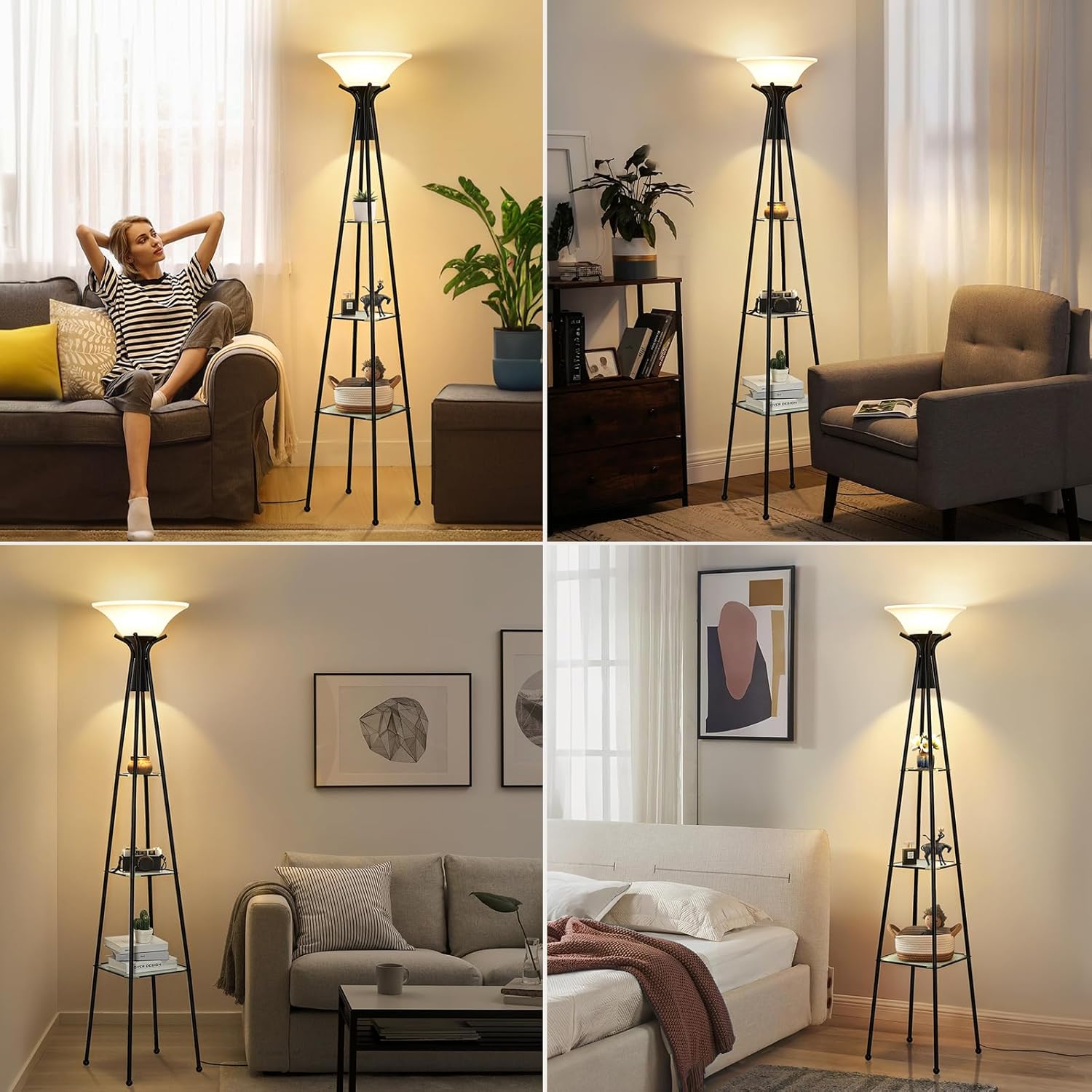 Floor Lamp with Shelves, 69” Tall Shelf Lamp, 3-Tier Modern Shelf Floor Lamp, Floor Lamps for Living Room, Bedroom, Home Office, Standing Lamp with 8W Bulb, Black & White