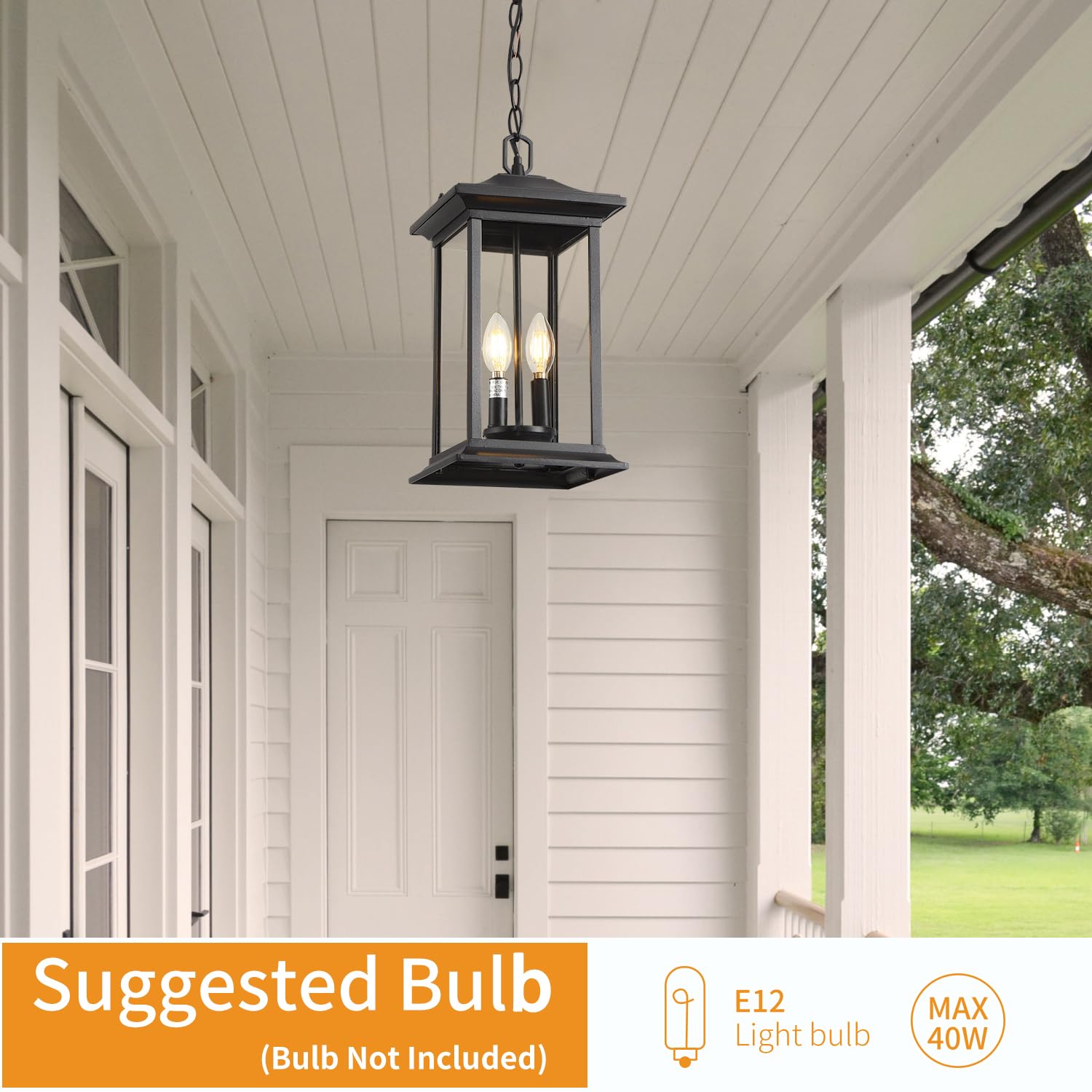 Large Outdoor Pendant Light, 3-Light Outdoor Chandelier, Retro Exterior Hanging Lantern, Hanging Outdoor Light Fixture for Porch, Seeded Glass Sheet with Matte Black Finish