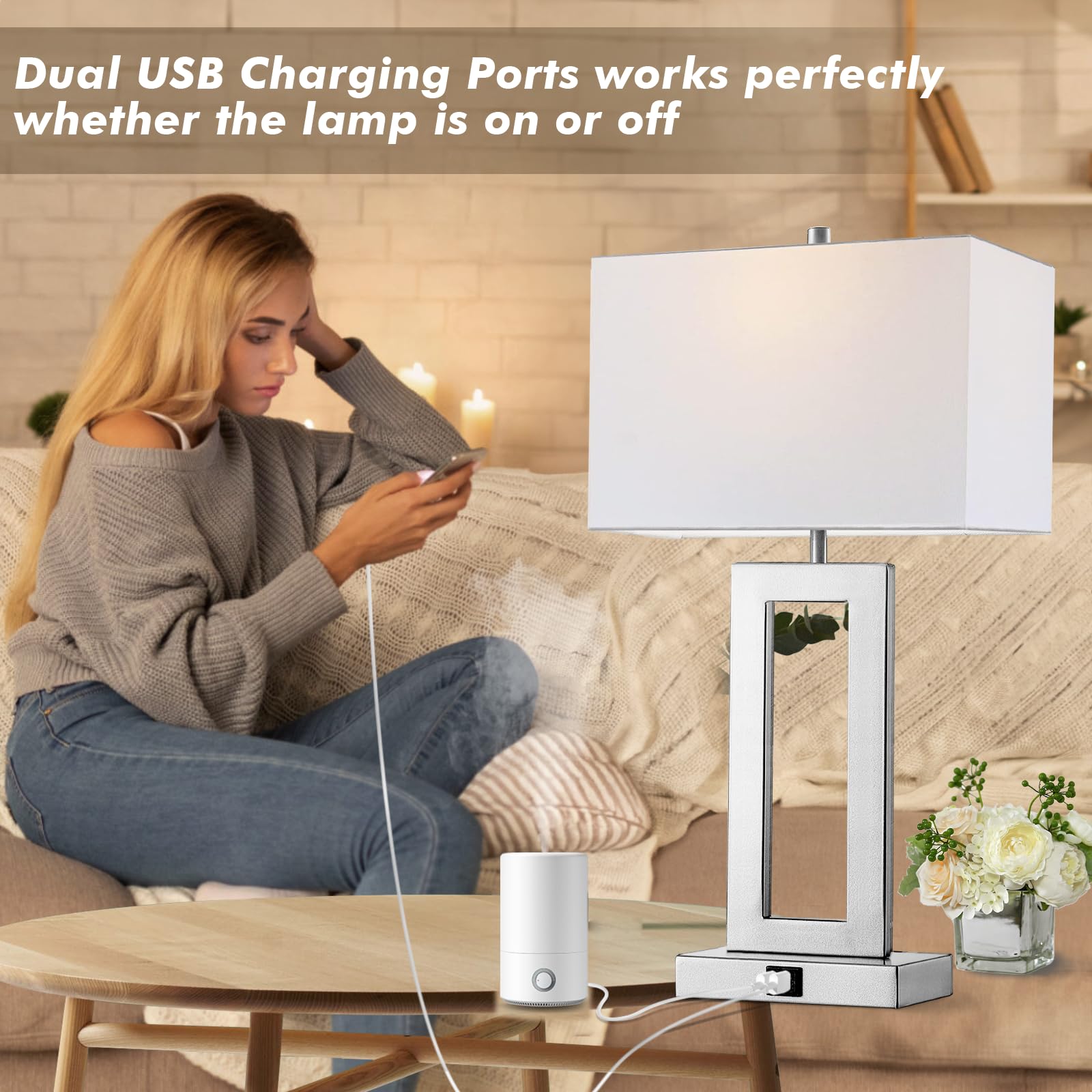 Silver Table Lamps Set of 2 with Dual USB Ports,3-Way Dimmable Touch Control Bedside Lamps,Modern Bedroom Table Lamp for Living Room,Nightstand LED Bulbs Included