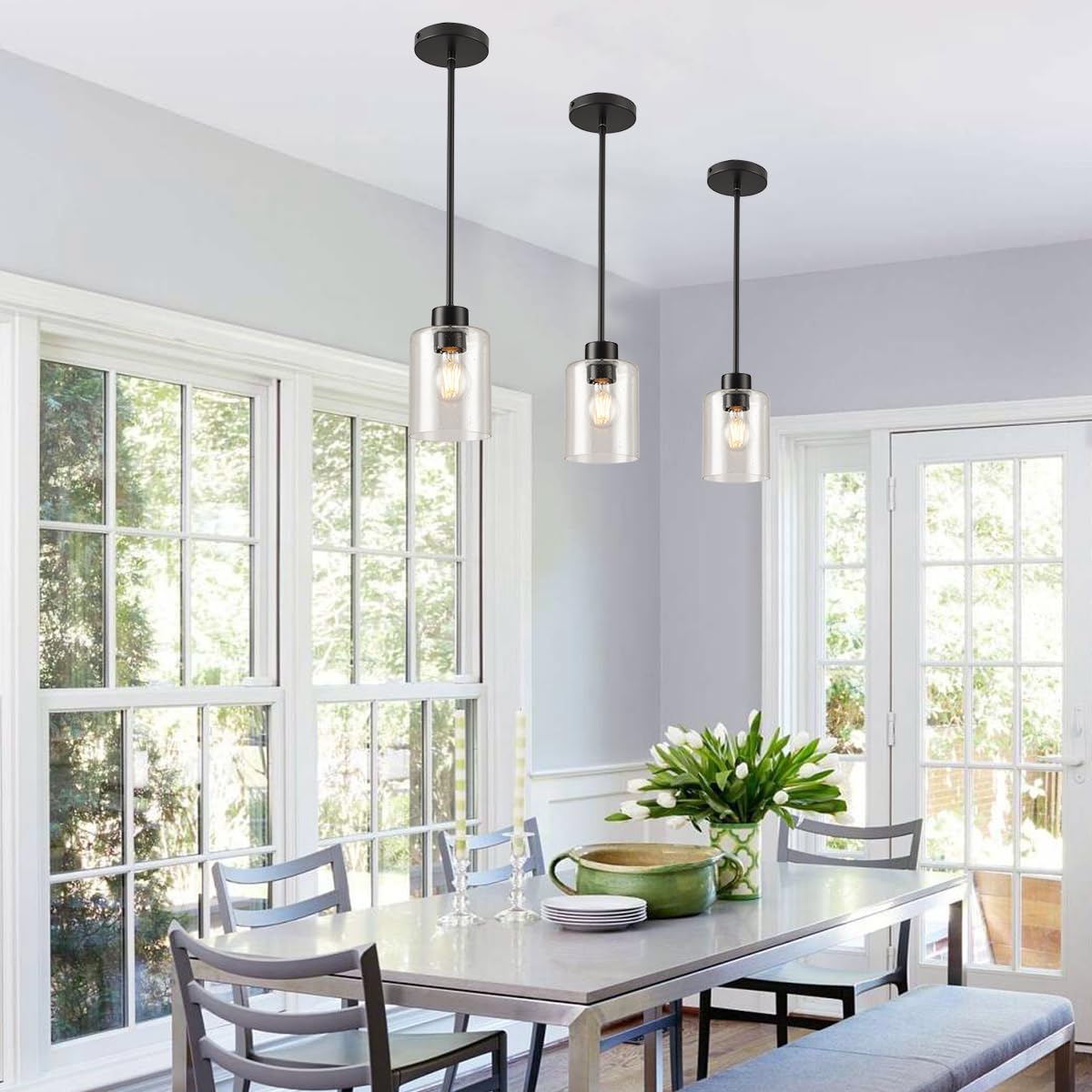 3 Lights Pendant Lighting for Kitchen Island,3 Tier Linear Pendant Chandeliers with 1 Base,Modern Farmhouse Island Light with Clear Glass,Adjustable (Black Island 3 Tier Stem Rod)