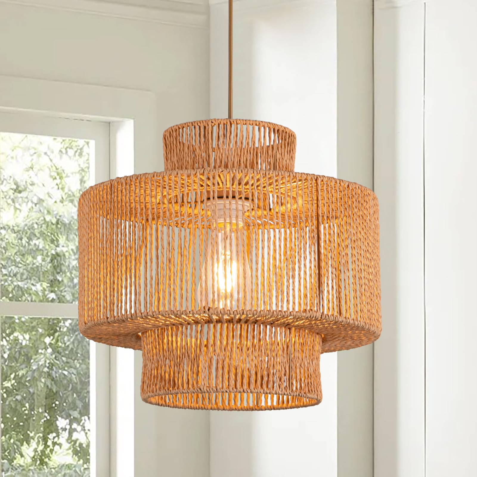 Rattan Pendant Light Fixture Basket Hanging Drum Chandelier Basket Light White Boho Ceiling Light Flush Mount Ceiling Light Woven Kitchen Chandelier for Dinning Room Hallway Bedroom Chandelier