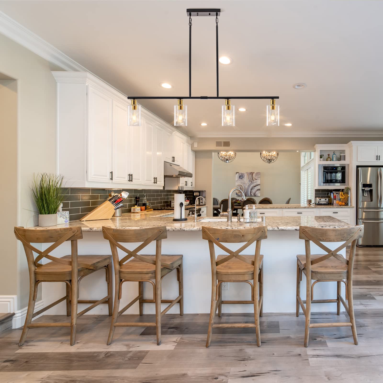 Kitchen Island Lighting, 3 Lights Linear Chandeliers Rectangle Pendant Light Fixtures for Dining Room Farmhouse Hanging Light with Glass Shades Hanging Lights - Gold