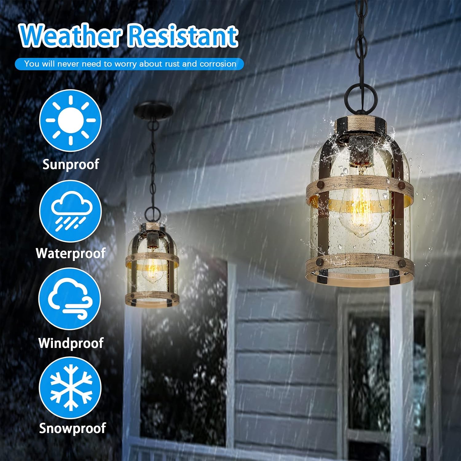 Outdoor Pendant Light for Porch,Waterproof Modern Exterior Hanging Lantern with Adjustable Chain, in Black and Wood Grain Finish with Air Bubble Glass for Front Door,Entryway,Farmhouse