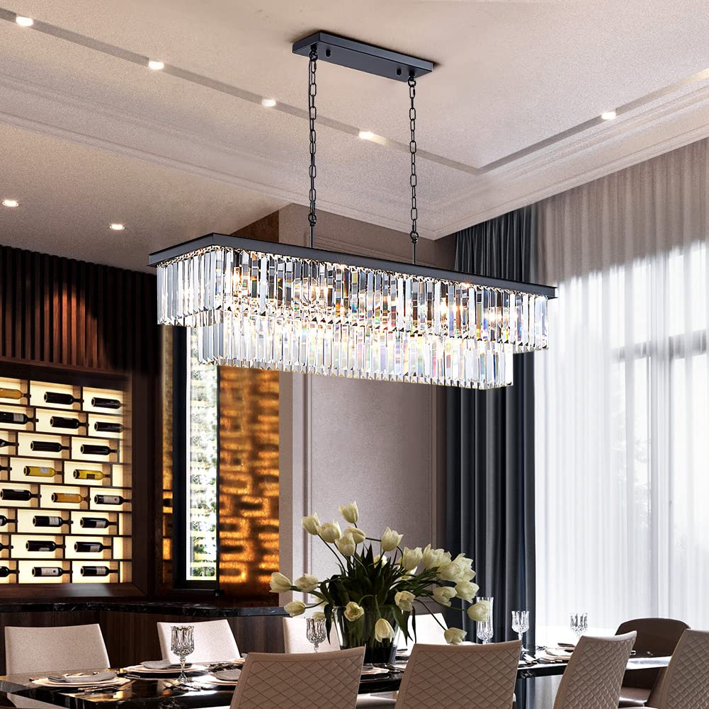 Rectangle Black Modern Chandeliers for Dining Rooms - L47 Inches Luxury Crystal Chandelier Lighting, Glass Shade Pendant Ceiling Light Fixtures for Kitchen Island, Bar