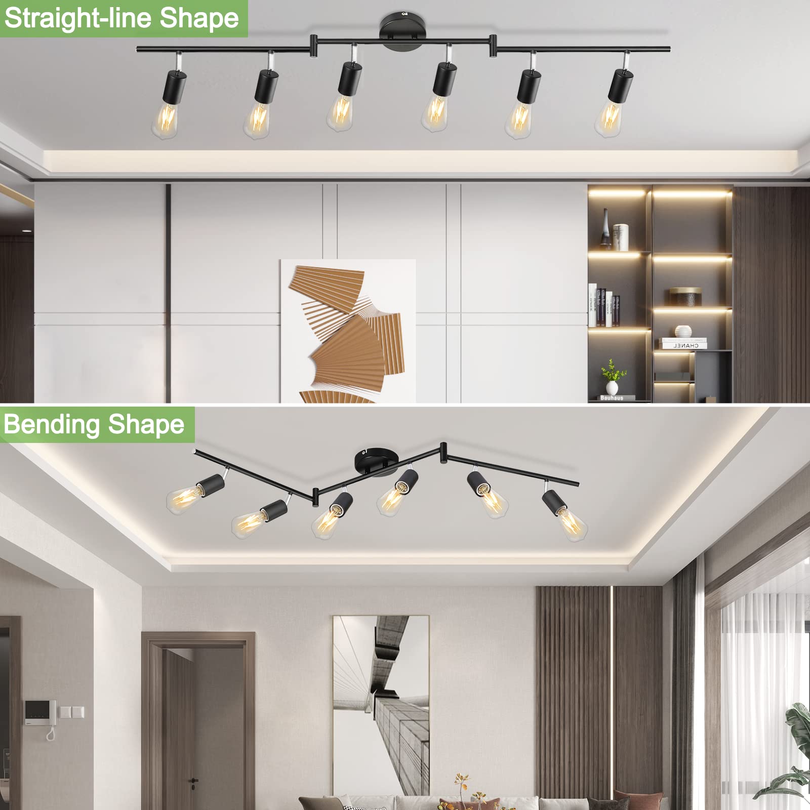 6-Light Black Track Lighting Fixtures for Ceiling, 6 Way LED Track Light Kit with Adjustable Light Heads & GU10 Socket, Adjustable Ceiling Spot Lighting for Kitchen, Dining Room, Bar, Office