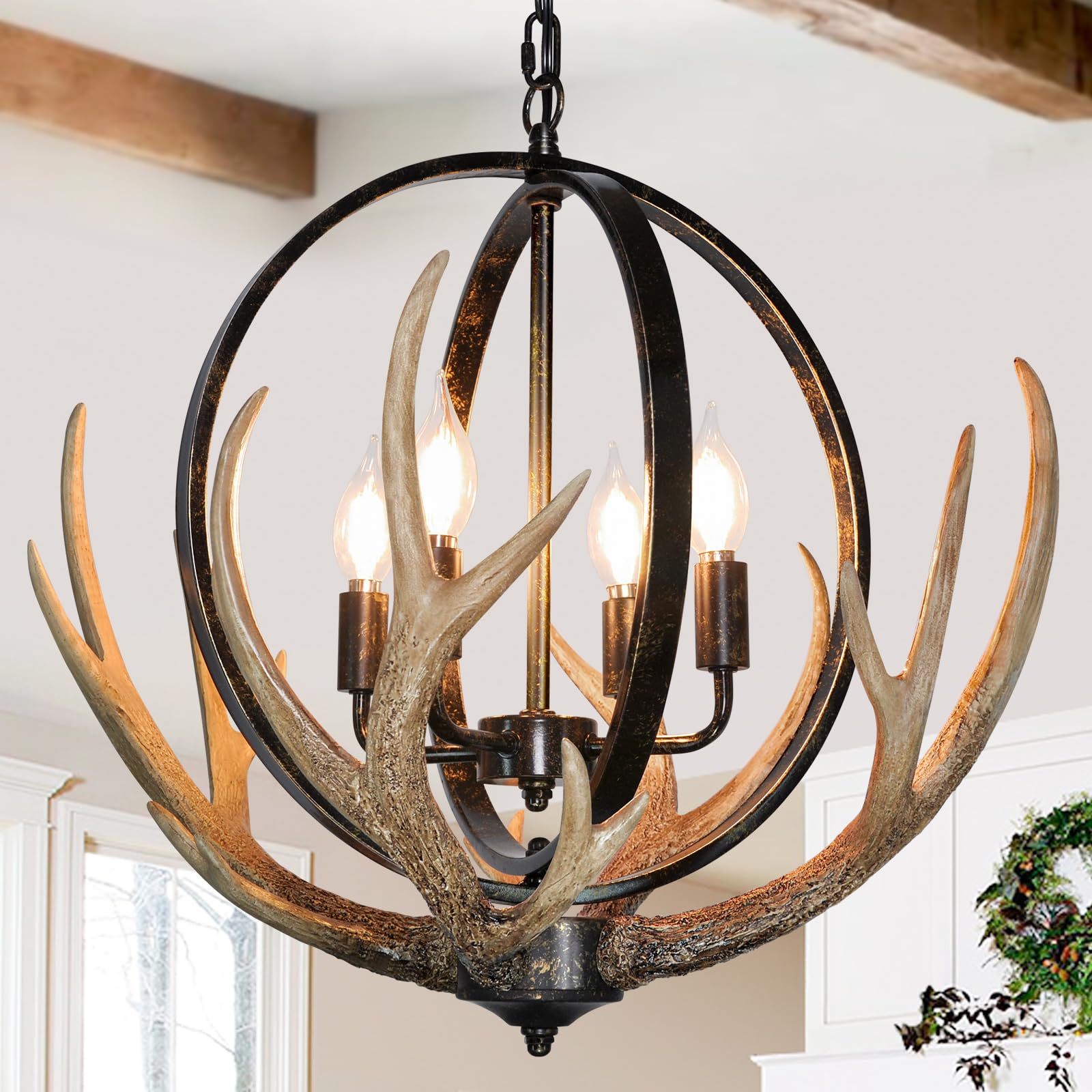 Rustic Antler Chandelier, 14" Farmhouse Chandelier with Resin 4 Antlers and Retro Metal Globe Chandelier Vintage Style for Dining Room, Kitchen, Hallway, Pendant Lights