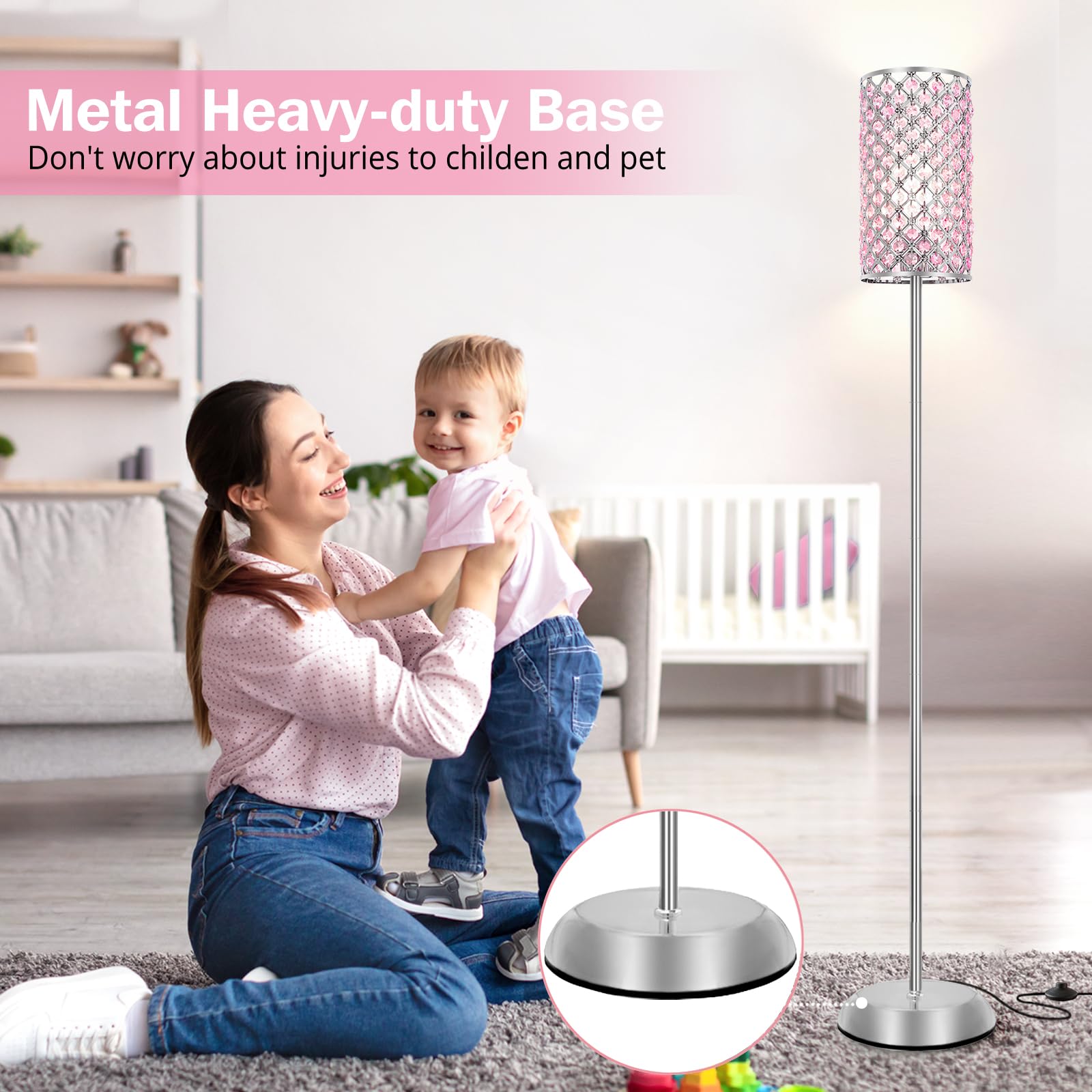 Crystal Floor Lamp, Elegant Standing Lamp Modern Floor Lamp Silver Finish Tall Pole Lamp Accent Light with On/Off Foot Switch for Living Room, Girl Bedroom, Dresser, Office