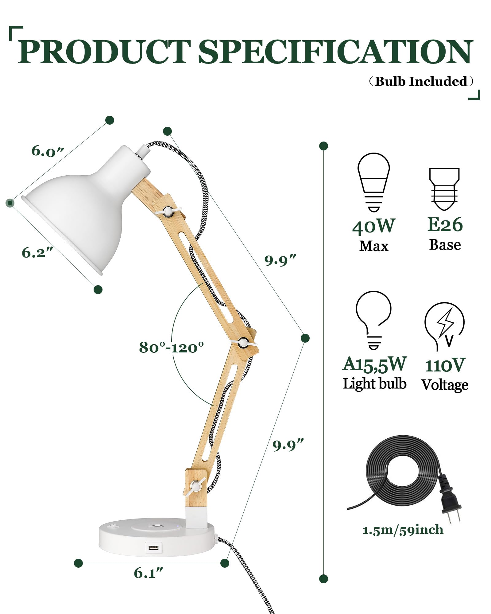 Industrial Table Lamp, Sapele Wood Desk Lamp with Upgraded Wireless Charger & USB C Port, Swing Arm Reading Task Light for Farmhouse, Dorm Office, Bedroom Livingroom, LED Bulb Included, Grey