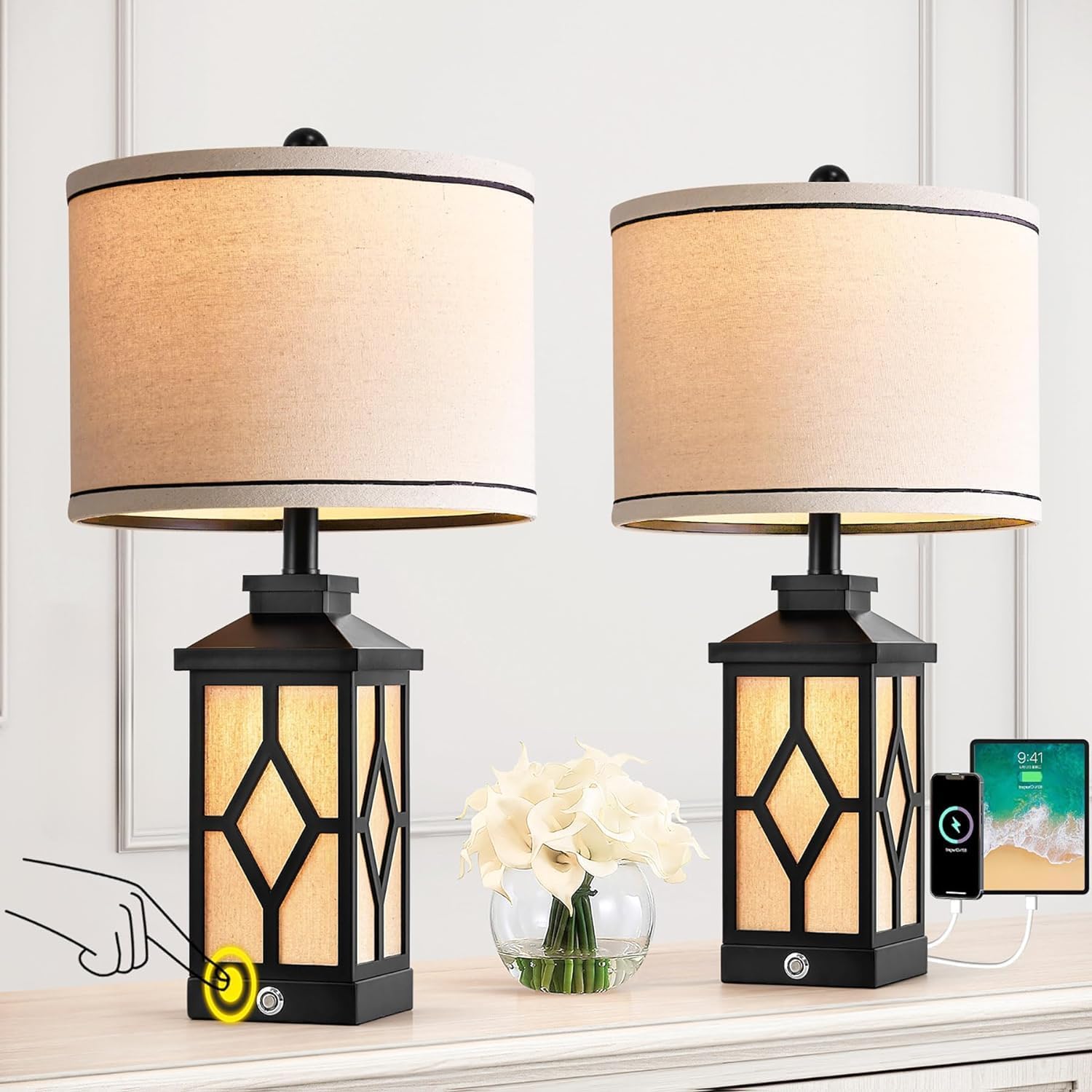 Touch Table Lamps Set of 2 Farmhouse Bedside Lamps with USB A+C Charging Ports 3-Way Dimmable Black Lamps for Living Room Retro Lamps for Night Stands Boho Bedroom Lamps