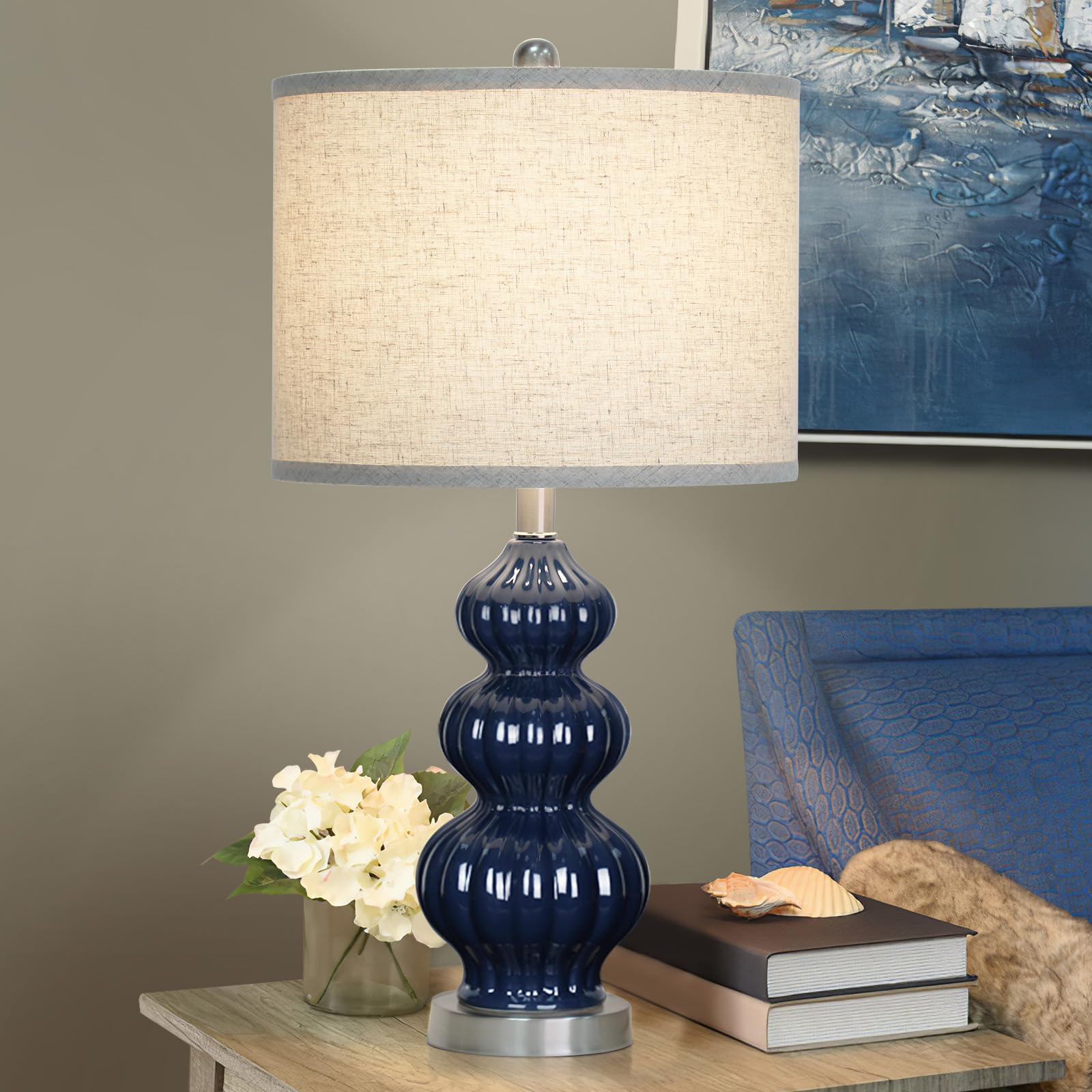 25" Ceramic Table Lamp Navy Blue Triple Gourd Ceramic Lamp Table Lamp Modern Lamp for Bedroom Living Room, 3-Way Dimmable Bulb Included (Blue)