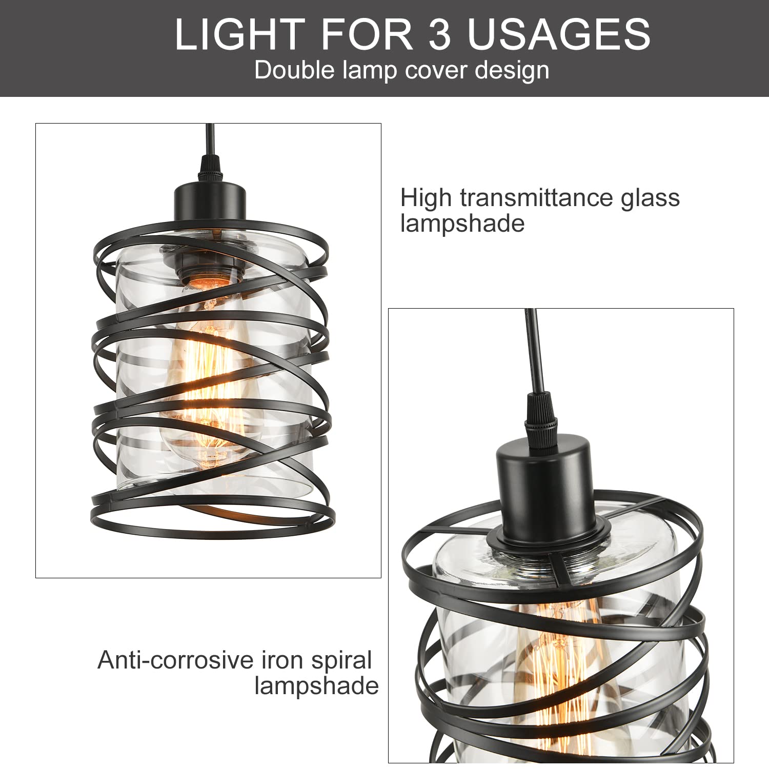 2 Pack Black Spiral Cage Pendant Lights with Clear Glass Shade, Suitable for Kitchen Island, Dining Table, Entryway, Restaurant