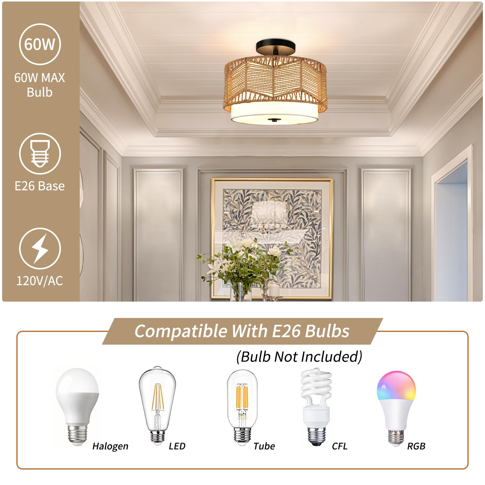 3-Light Semi Flush Mount Ceiling Light Fixture Woven Rattan Light Fixtures Ceiling Mount Boho Light Fixtures with Fabric Shade Ceiling Lights for Bedroom Dining Room Foyer Kitchen Hallway Farmhouse