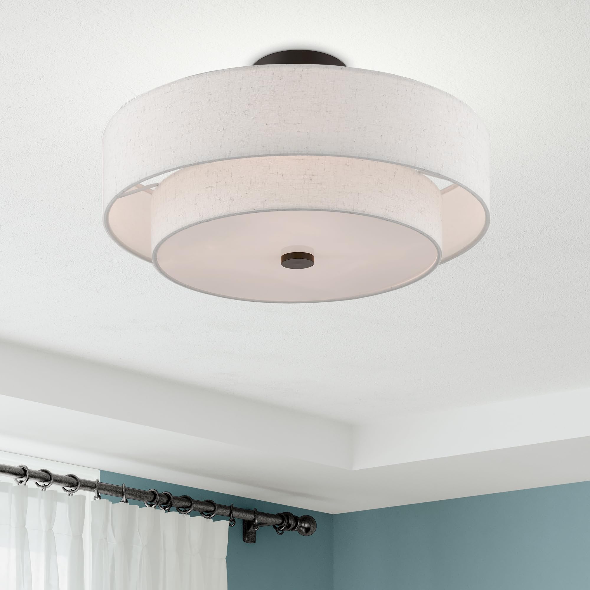 Lighting 51085-92 4-Light Semi Flush Mount Ceiling Fixture with Oatmeal Color Fabric Hardback Drum Shade and Satin White Diffuser, English Bronze