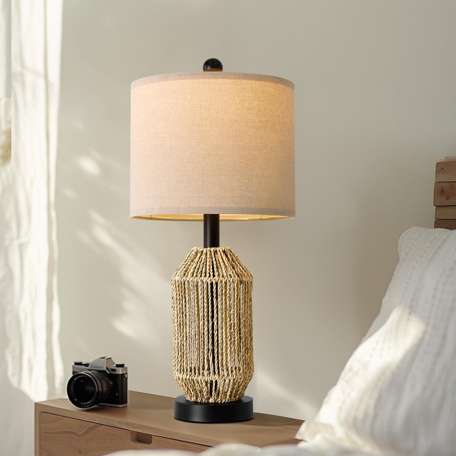 OYEARS 21" Boho Table Lamp for Living Room, Bedside Lamp for Nightstands, Rattan Lamp for Bedroom, Farmhouse Table Lamp for Room Decor, End Table, Retro, Brown, 1 Pack