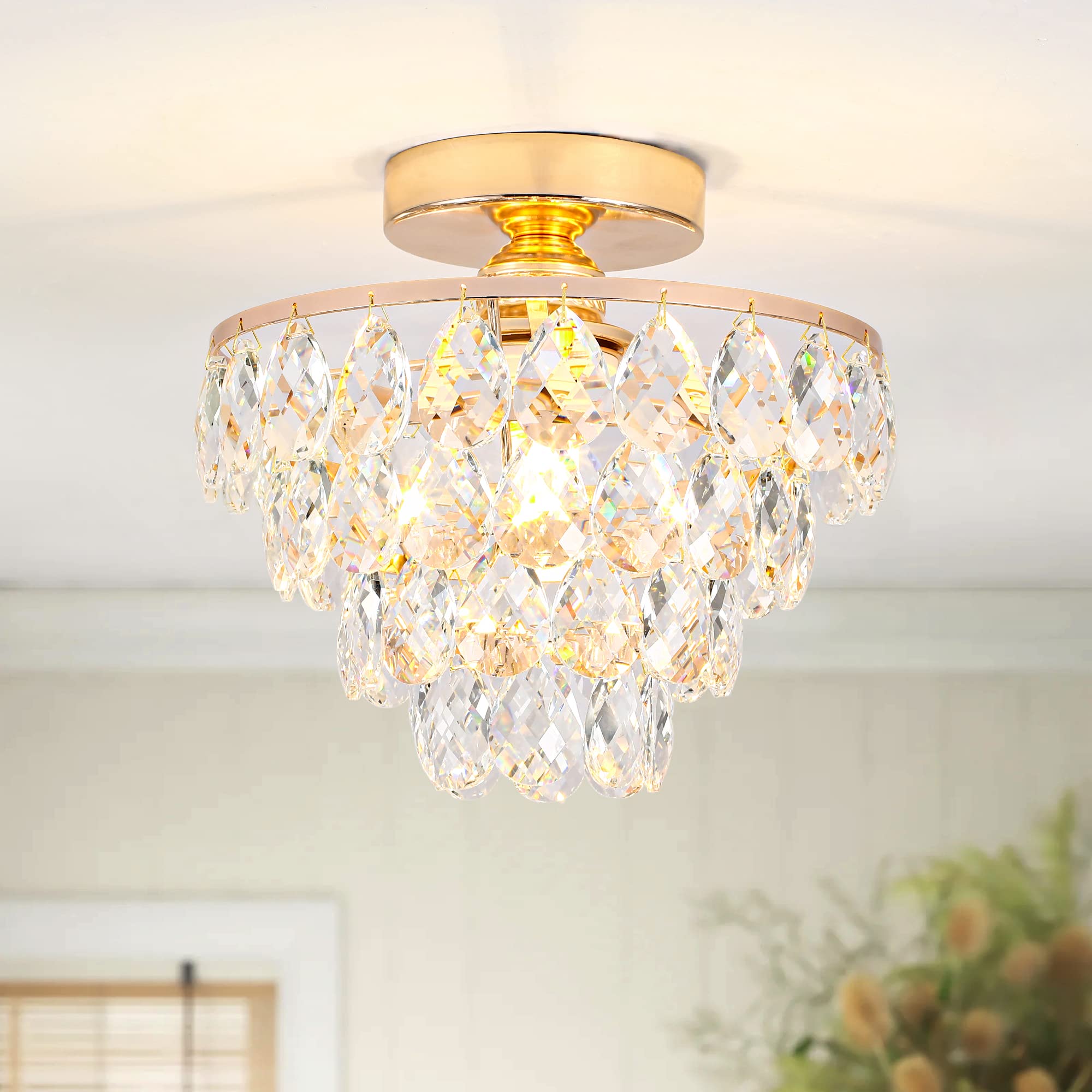 Gold Crystal Chandelier Small Modern Chandelier, Mini Ceiling Light Flush Mount Crystal Chandelier Hallway Light Fixtures Ceiling Crystal Light for Hallway Bedroom Hall Living Room