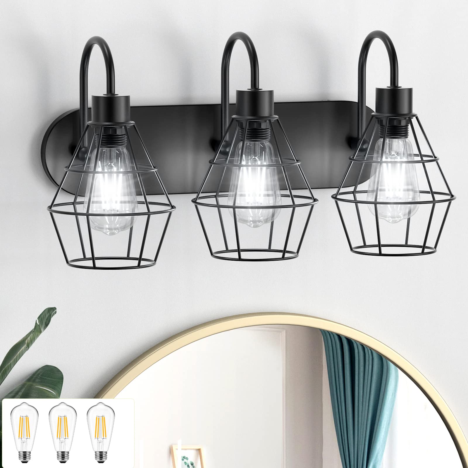 Industrial Bathroom Vanity Light 3 Lights, Vintage Matte Black Wall Sconce with Cage, Farmhouse Bathroom Wall Light Fixture for Bathroom Vanity, UL Listed (Bulbs Included)