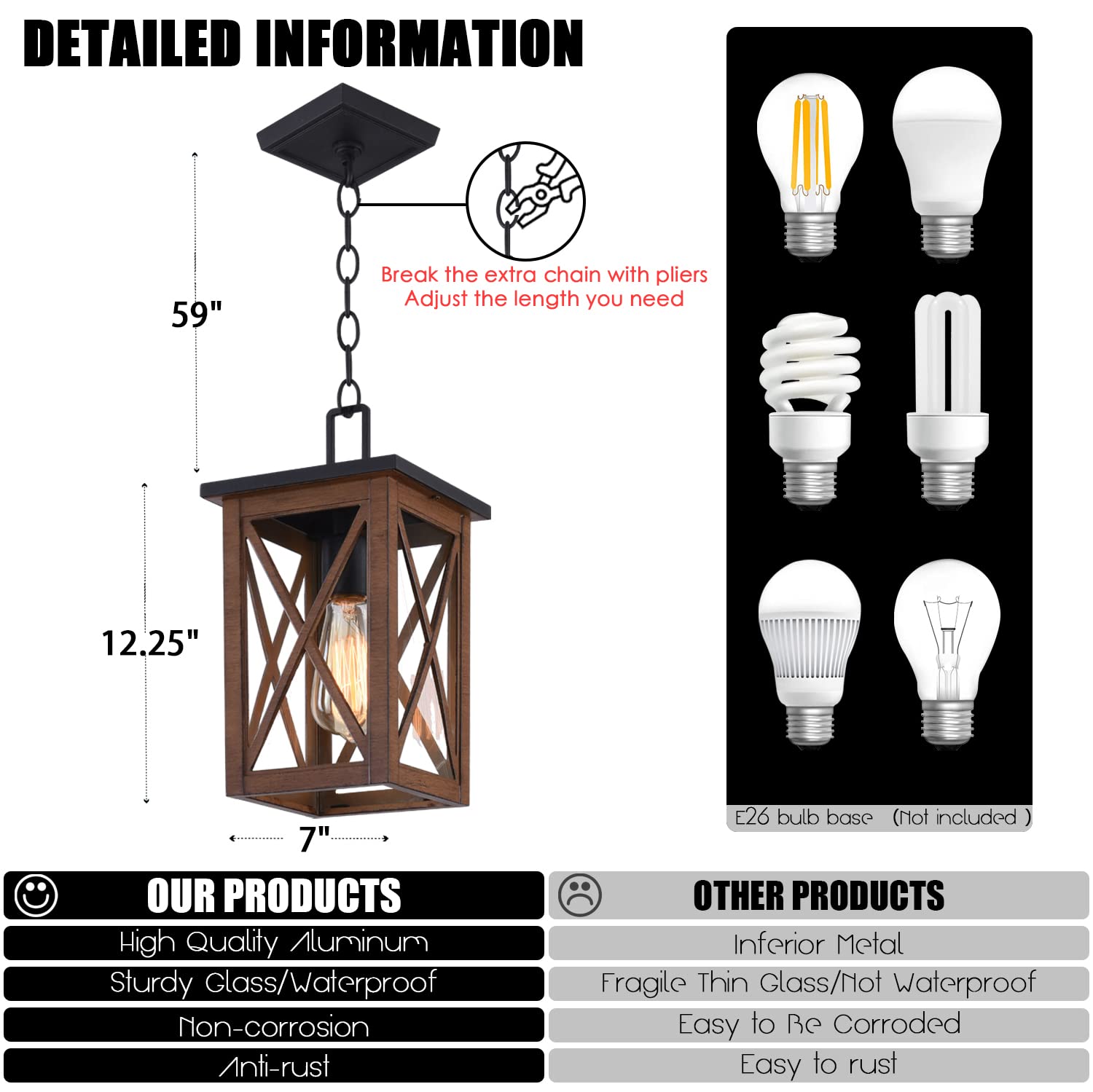 Outdoor Pendant Light Exterior Hanging Lantern Porch Pendant Lights, Light Wood Grain with Glass 1-Light Lamp for for Porch, Patio, Entryway