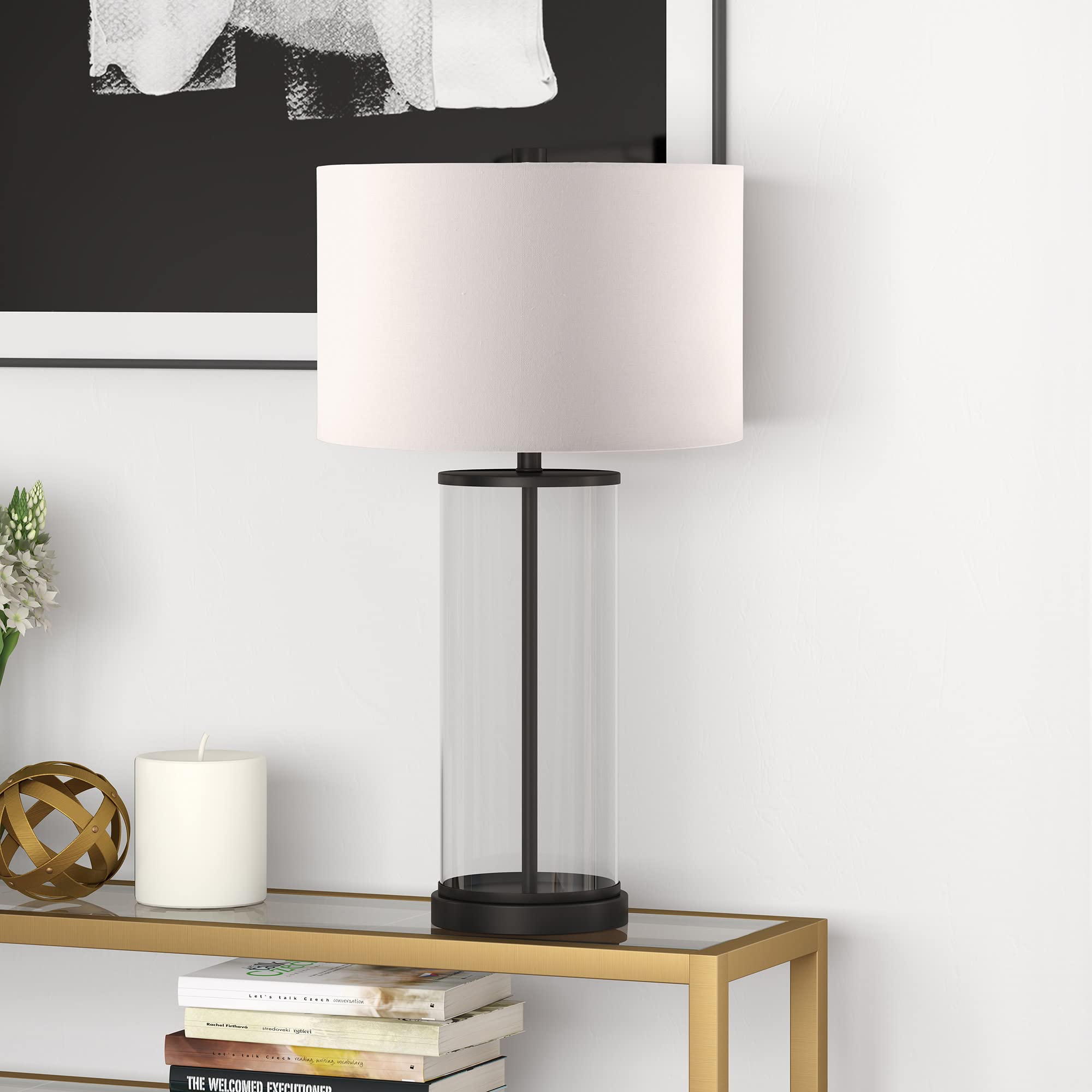 28" Tall Table Lamp with Fabric Shade in Blackened Bronze/White, Lamp, Desk Lamp for Home or Office