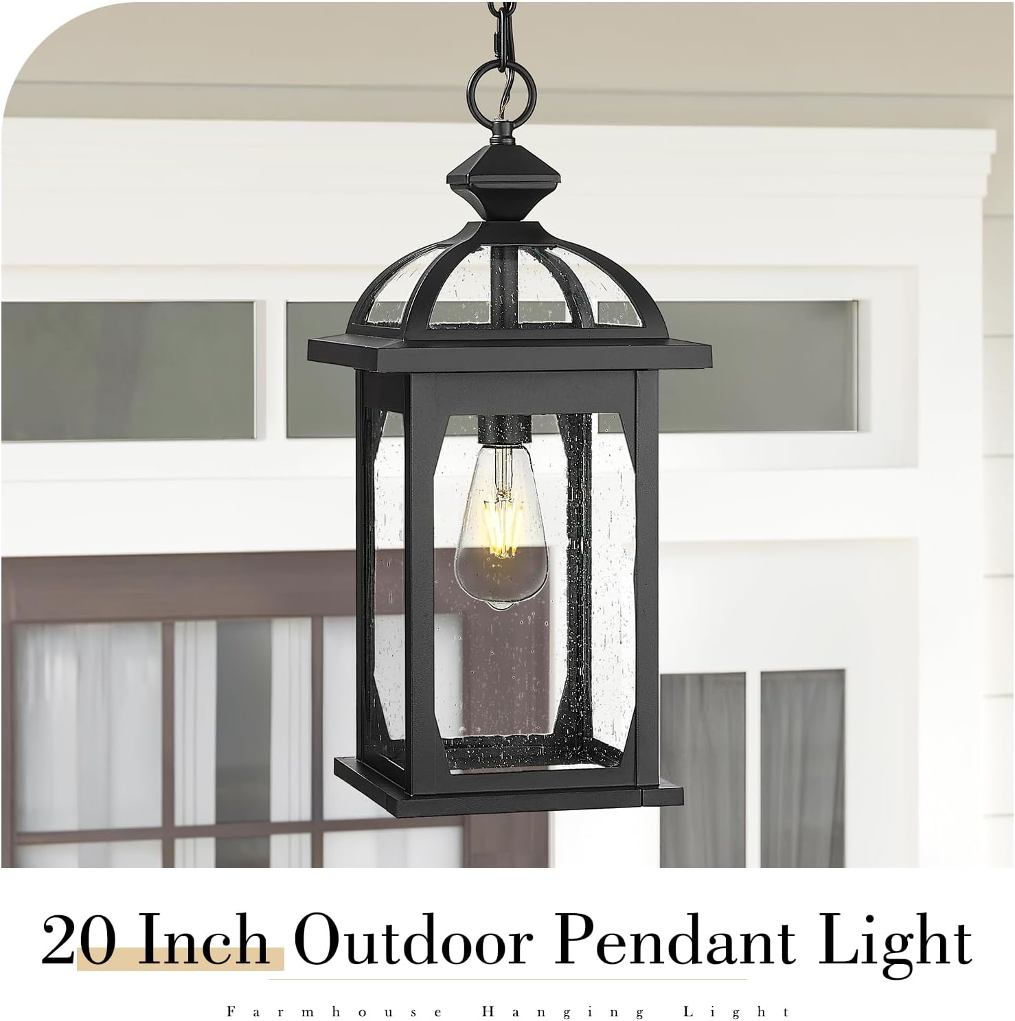 Large Outdoor Hanging Light, 20 Inch Outdoor Pendant Lights for Porch Patio, Die-Cast Aluminum in Seeded Glass Shade, Black Finish, ZD100H-M BK