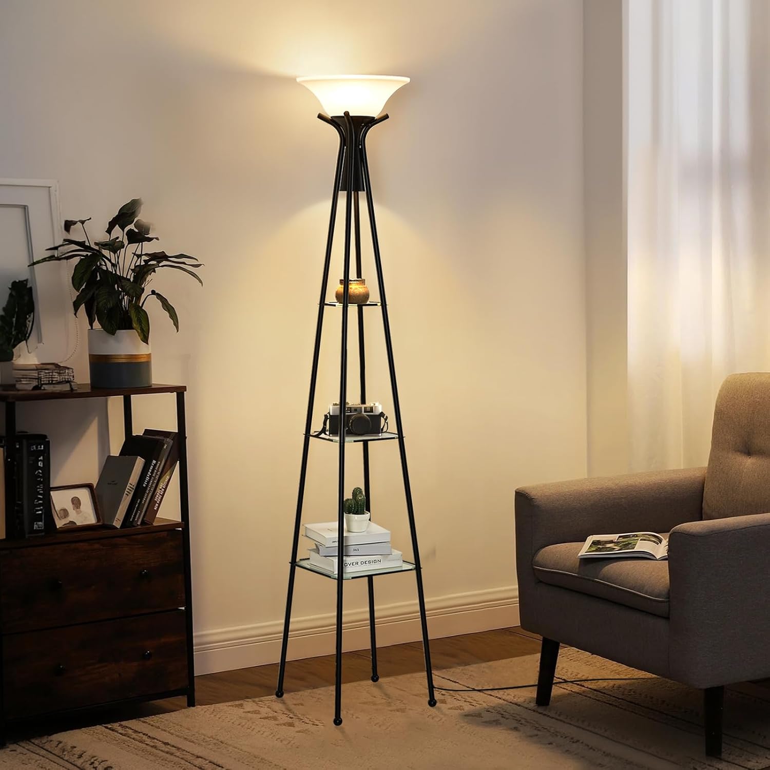 Floor Lamp with Shelves, 69” Tall Shelf Lamp, 3-Tier Modern Shelf Floor Lamp, Floor Lamps for Living Room, Bedroom, Home Office, Standing Lamp with 8W Bulb, Black & White