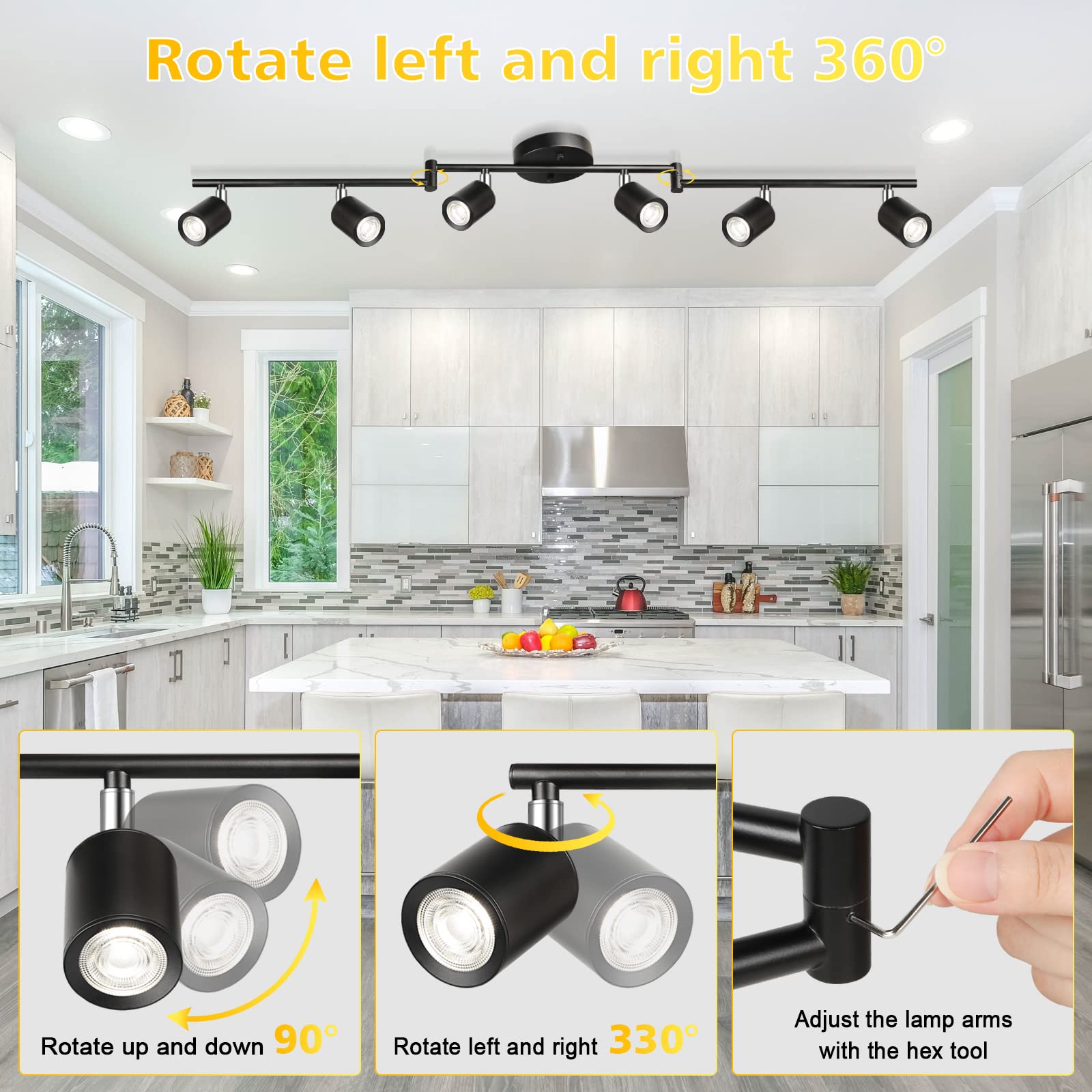 6-Light [Integrated 24W LED] Track Lighting Kit, 6 Way Rotatable Black Track Lighting Fixture Ceiling, Modern Dimmable LED Spotlight Head, 2400LM Daylight White 5000K Interior Light