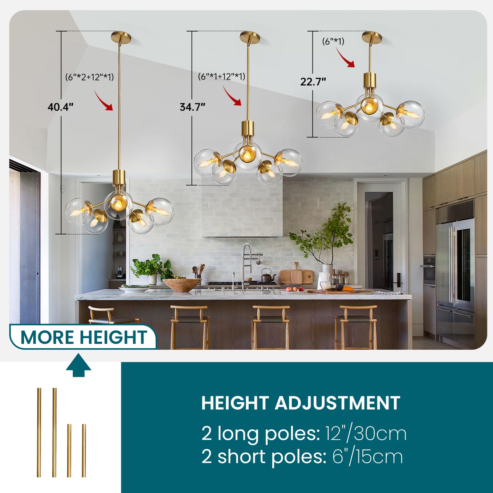 5-Light Modern Chandelier,Gold Globe Chandelier Pendant Light with Thick Clear Glass Shade for Flat/Slop Ceiling,Adjustable Hanging Chandelier for Dinning Room,Living Room,Bedroom