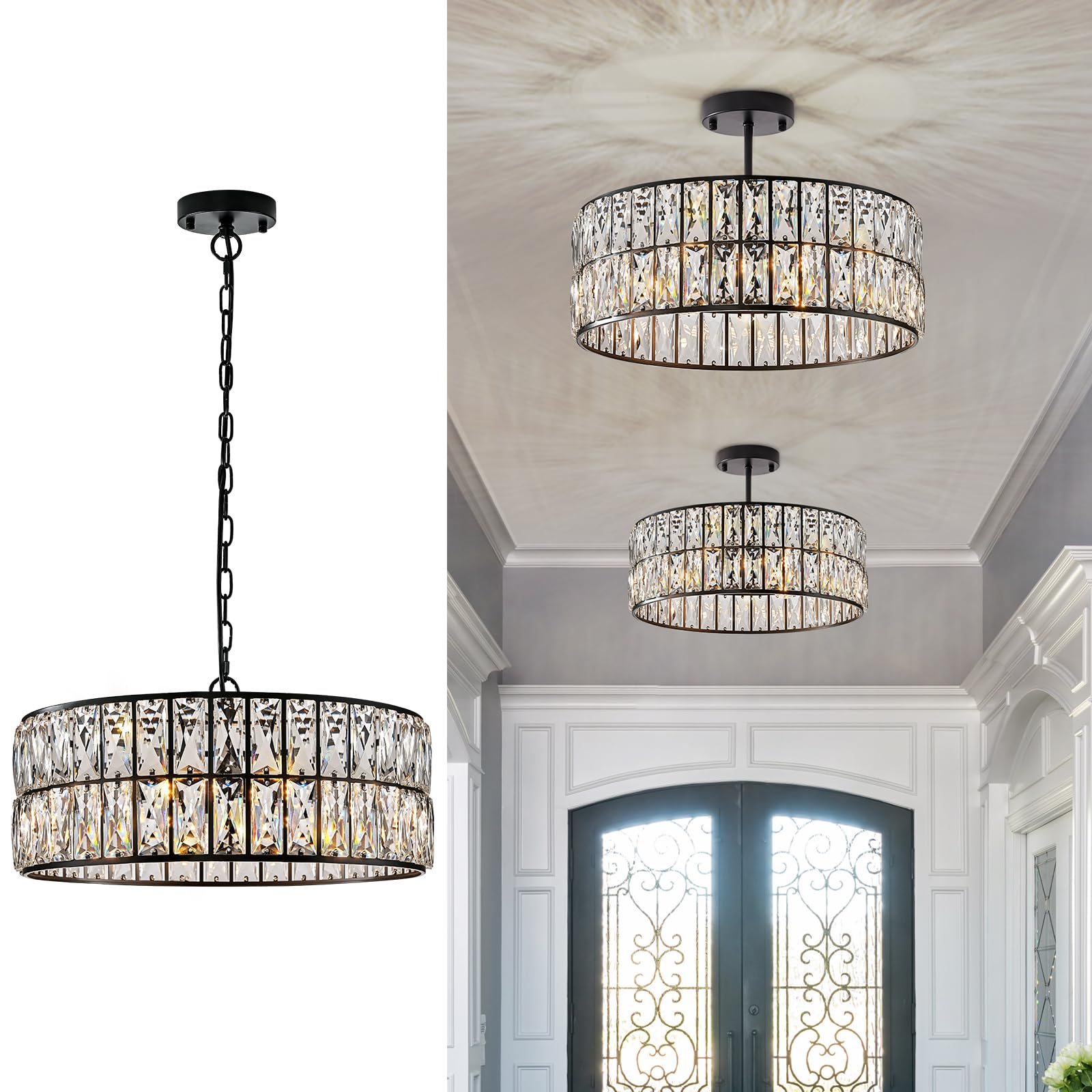 Gold Crystal Chandeliers, Modern Semi Flush Mount Chandelier 4-Ligh Drum Crystal Ceiling Pendant Light Fixture 12” for Foyer Entryway Kitchen Hallway Dining Room