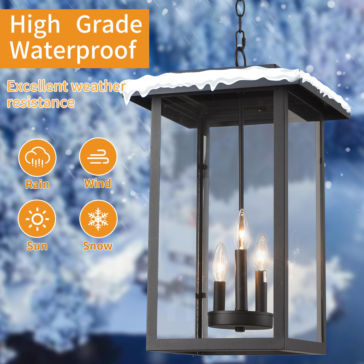 Outdoor Pendant Light Exterior Hanging Lantern, Large Outdoor Hanging Porch Light, Matte Black Finish with Clear Glass, 3 Light Outdoor Chandelier